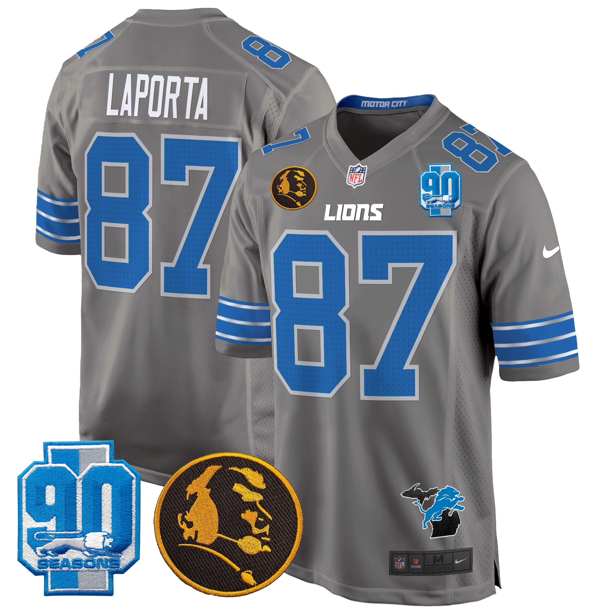 Sam Laporta Men's Detroit Lions 2024 90th & John Madden Patch Game Gray Jersey - All Stitched