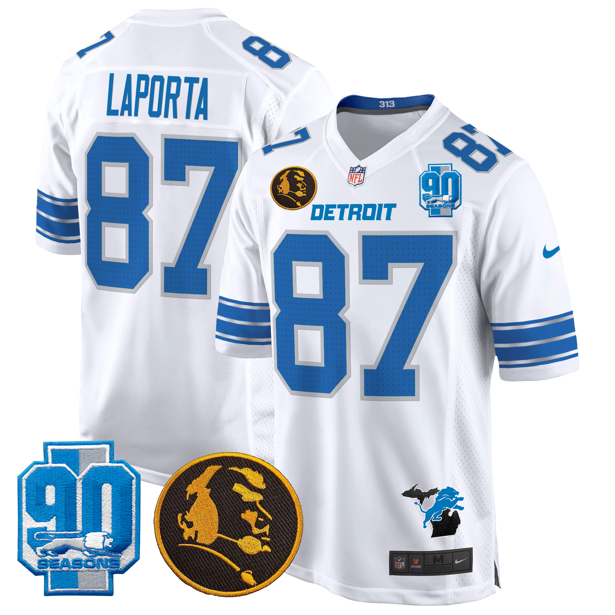 Sam Laporta Men's Detroit Lions 2024 90th & John Madden Patch Game White Jersey - All Stitched