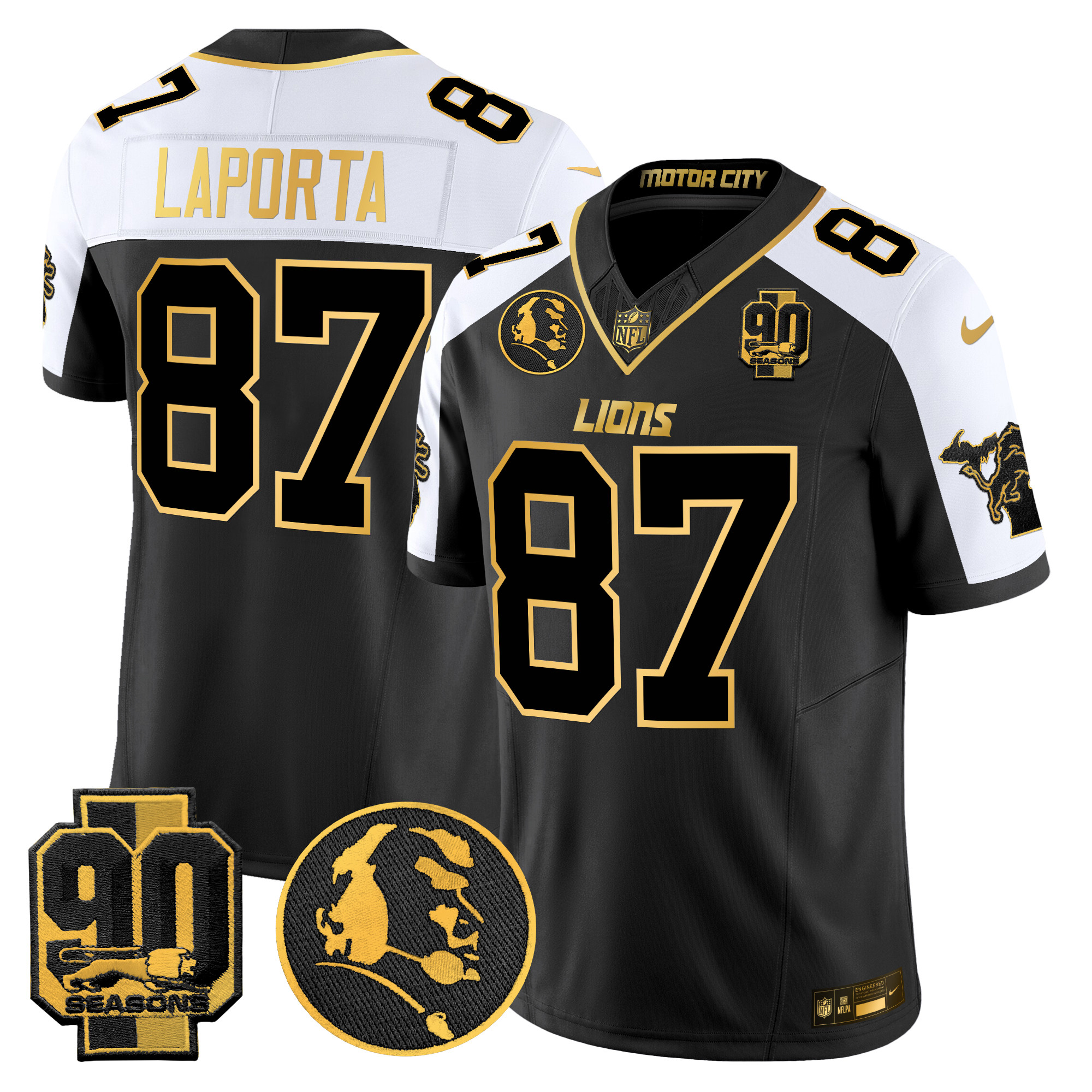 Sam Laporta Men's Detroit Lions 2024 90th & John Madden Patch Gold Vapor Limited Alternate Jersey - All Stitched