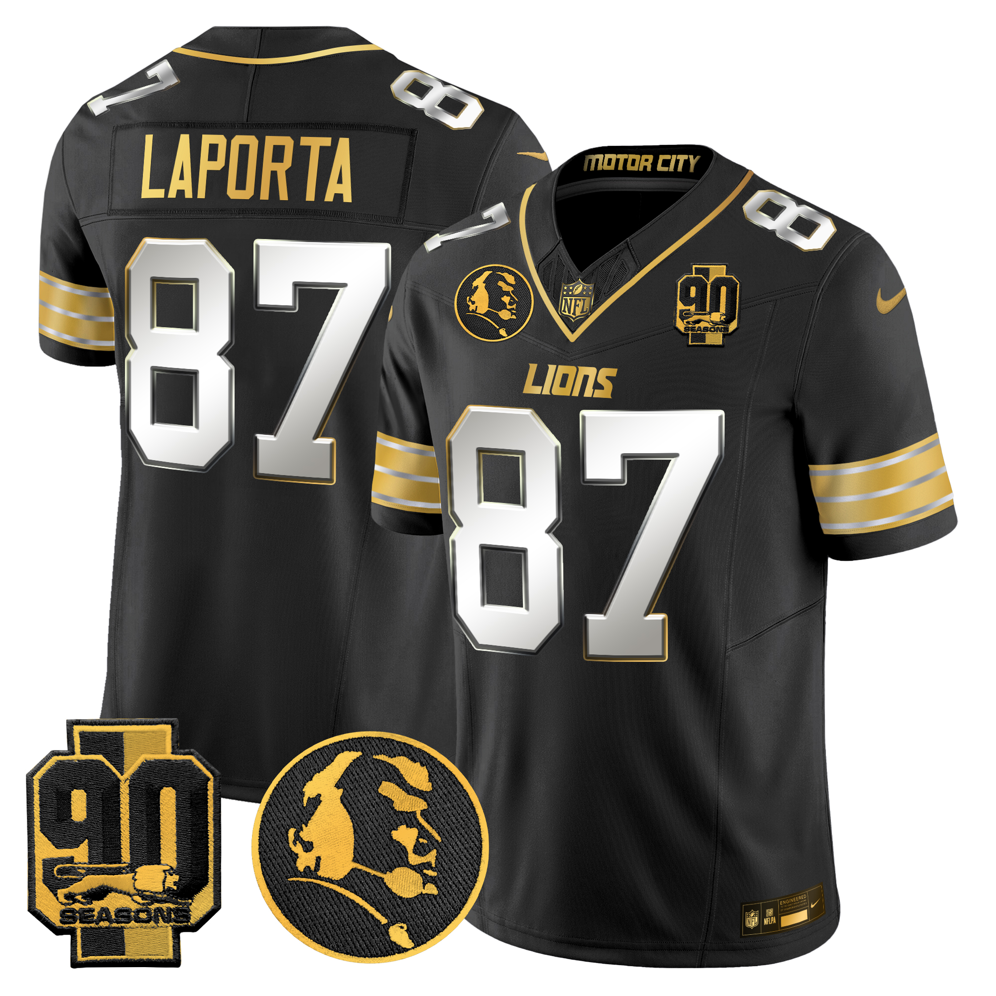 Sam Laporta Men's Detroit Lions 2024 90th & John Madden Patch Gold Vapor Limited Black Limited Jersey - All Stitched