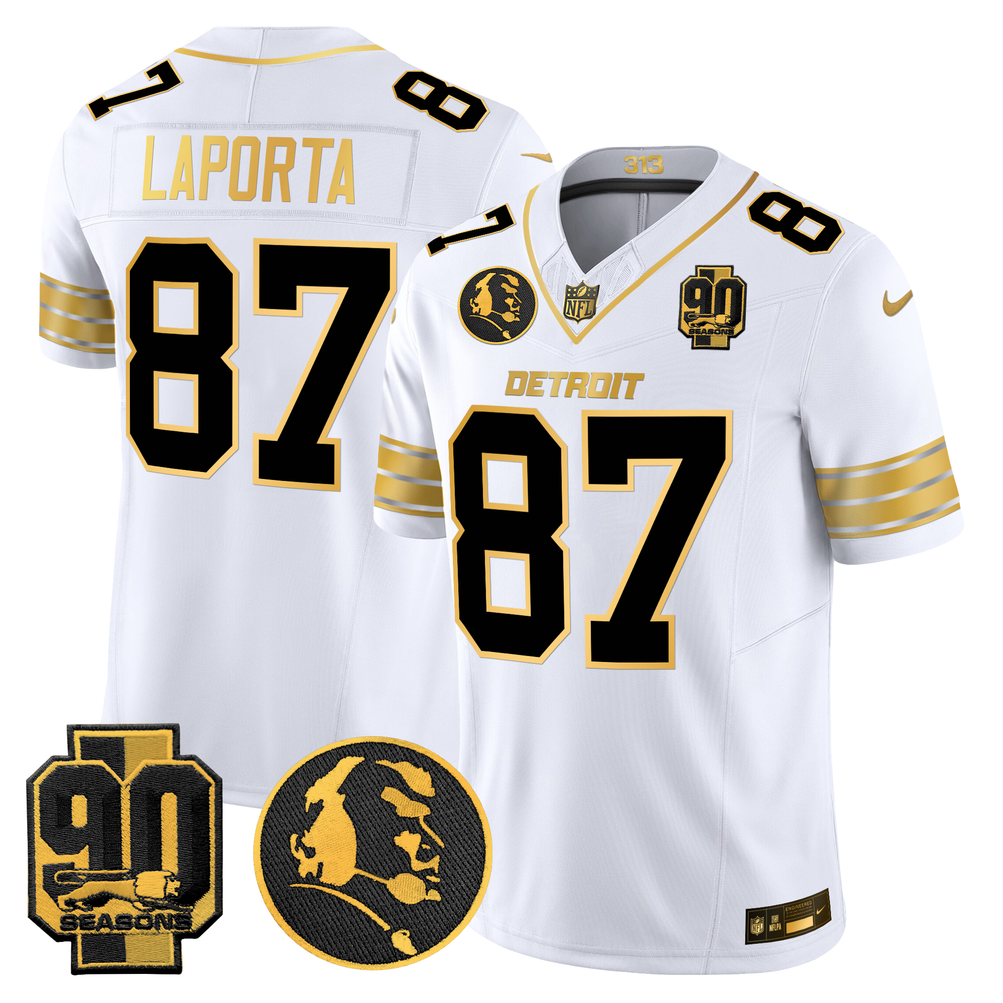Sam Laporta Men's Detroit Lions 2024 90th & John Madden Patch Gold Vapor Limited White Gold Jersey - All Stitched