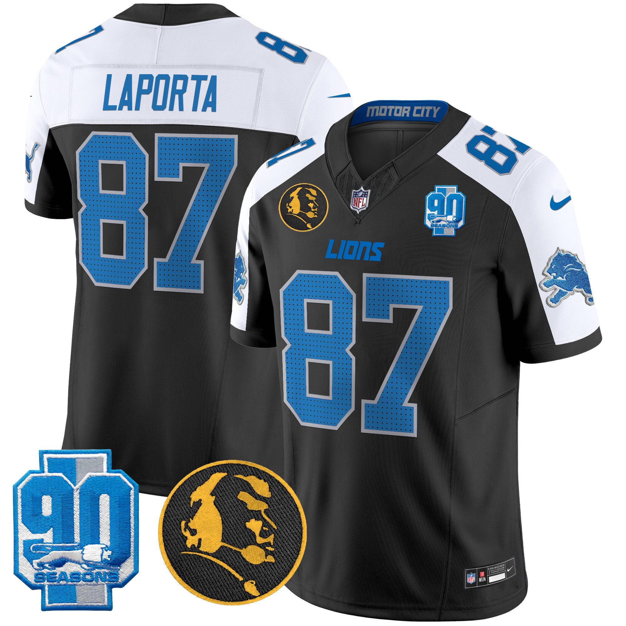 Sam Laporta Men's Detroit Lions 2024 90th & John Madden Patch Vapor Limited Black Alternate Jersey - All Stitched