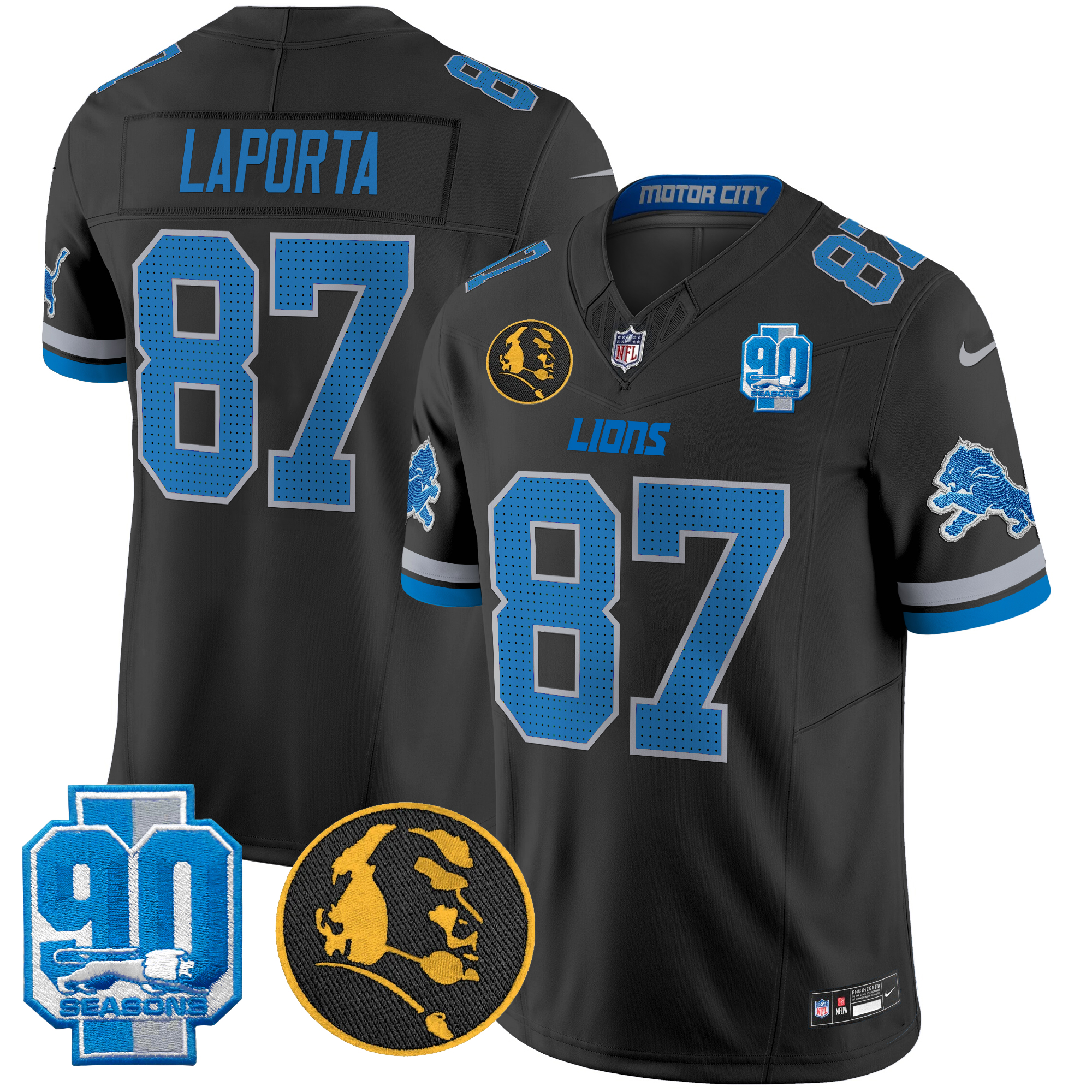 Sam Laporta Men's Detroit Lions 2024 90th & John Madden Patch Vapor Limited Black Jersey - All Stitched
