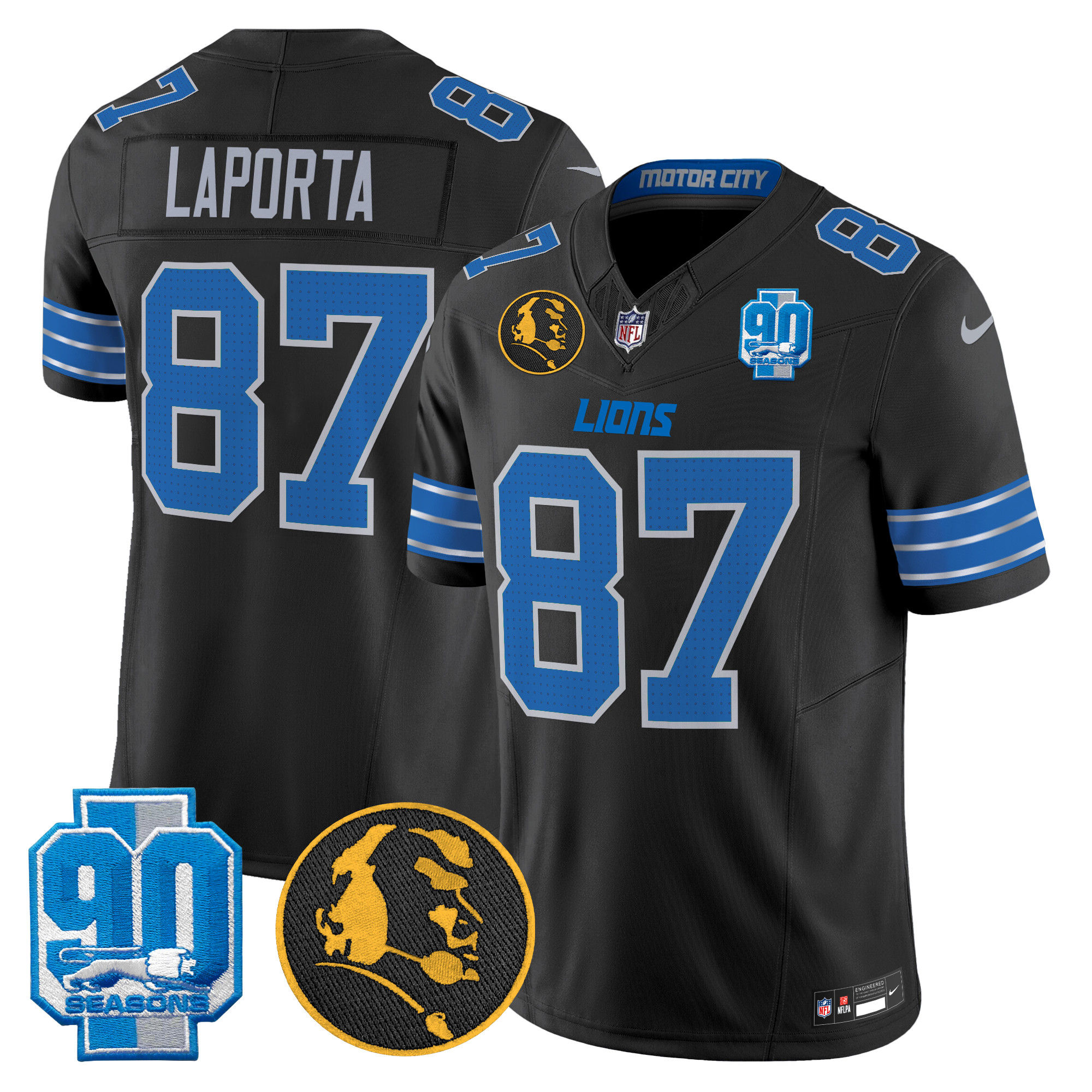 Sam Laporta Men's Detroit Lions 2024 90th & John Madden Patch Vapor Limited Black Jersey - All Stitched