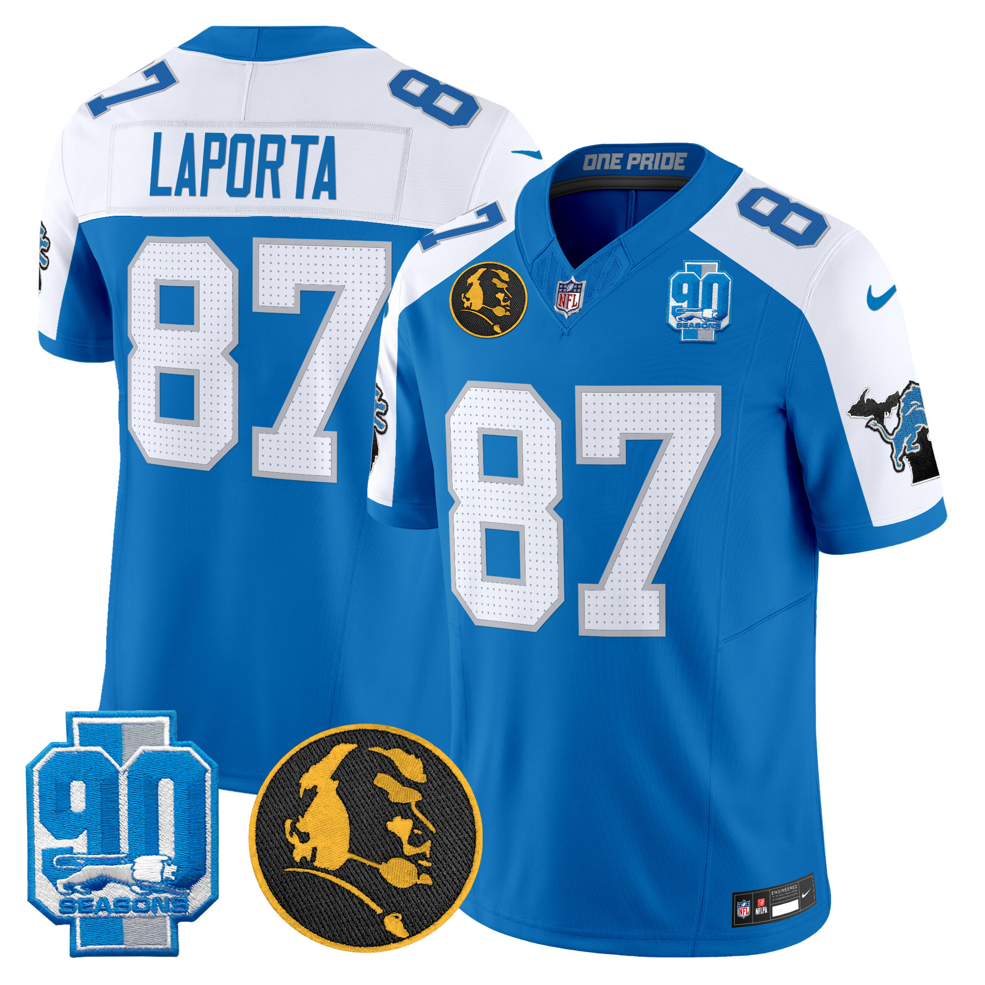 Sam Laporta Men's Detroit Lions 2024 90th & John Madden Patch Vapor Limited Blue Alternate Jersey - All Stitched