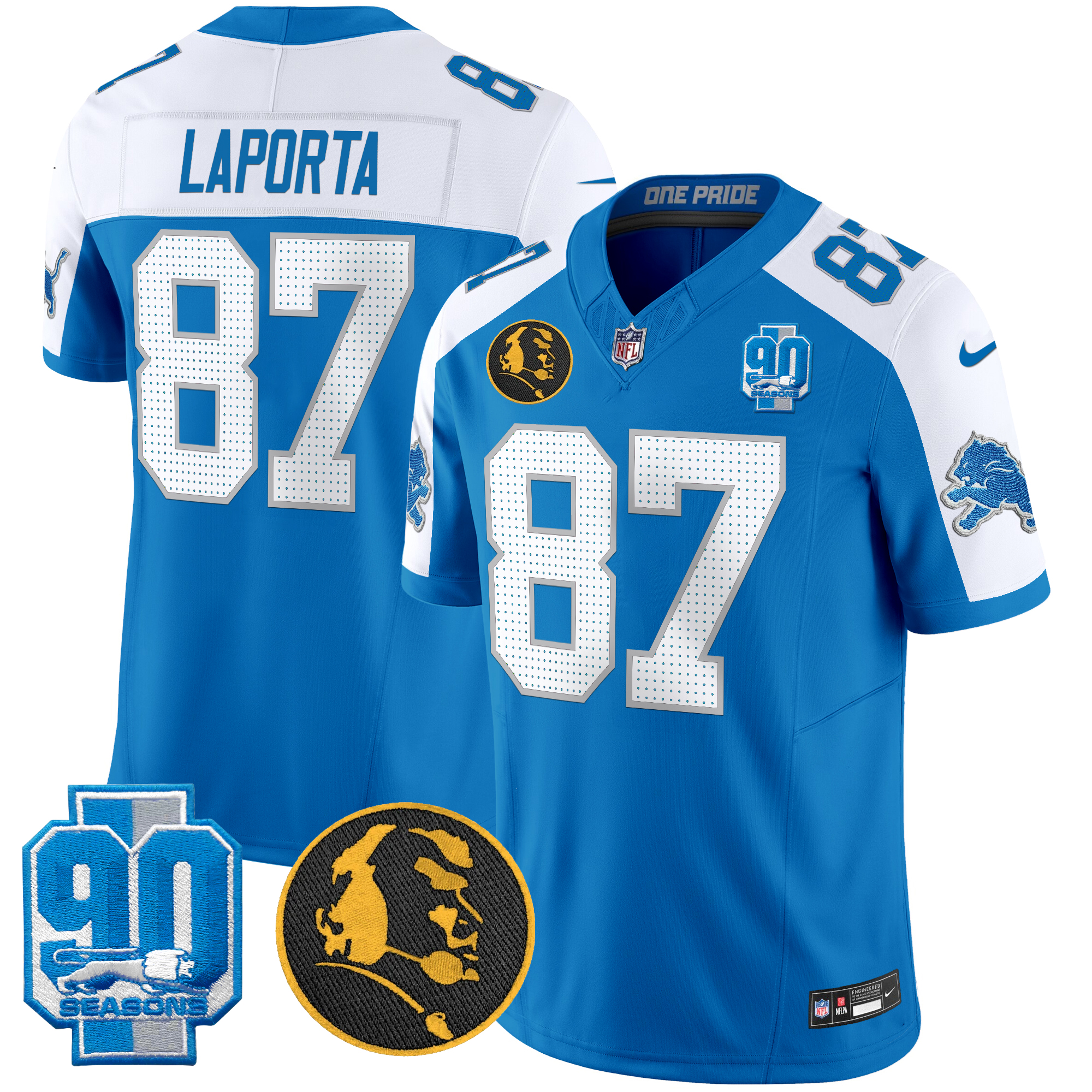 Sam Laporta Men's Detroit Lions 2024 90th & John Madden Patch Vapor Limited Blue Alternate Jersey - All Stitched