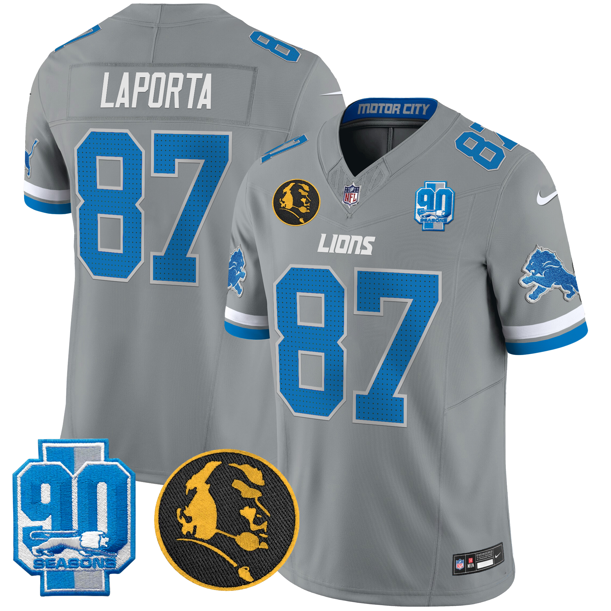 Sam Laporta Men's Detroit Lions 2024 90th & John Madden Patch Vapor Limited Gray Jersey - All Stitched