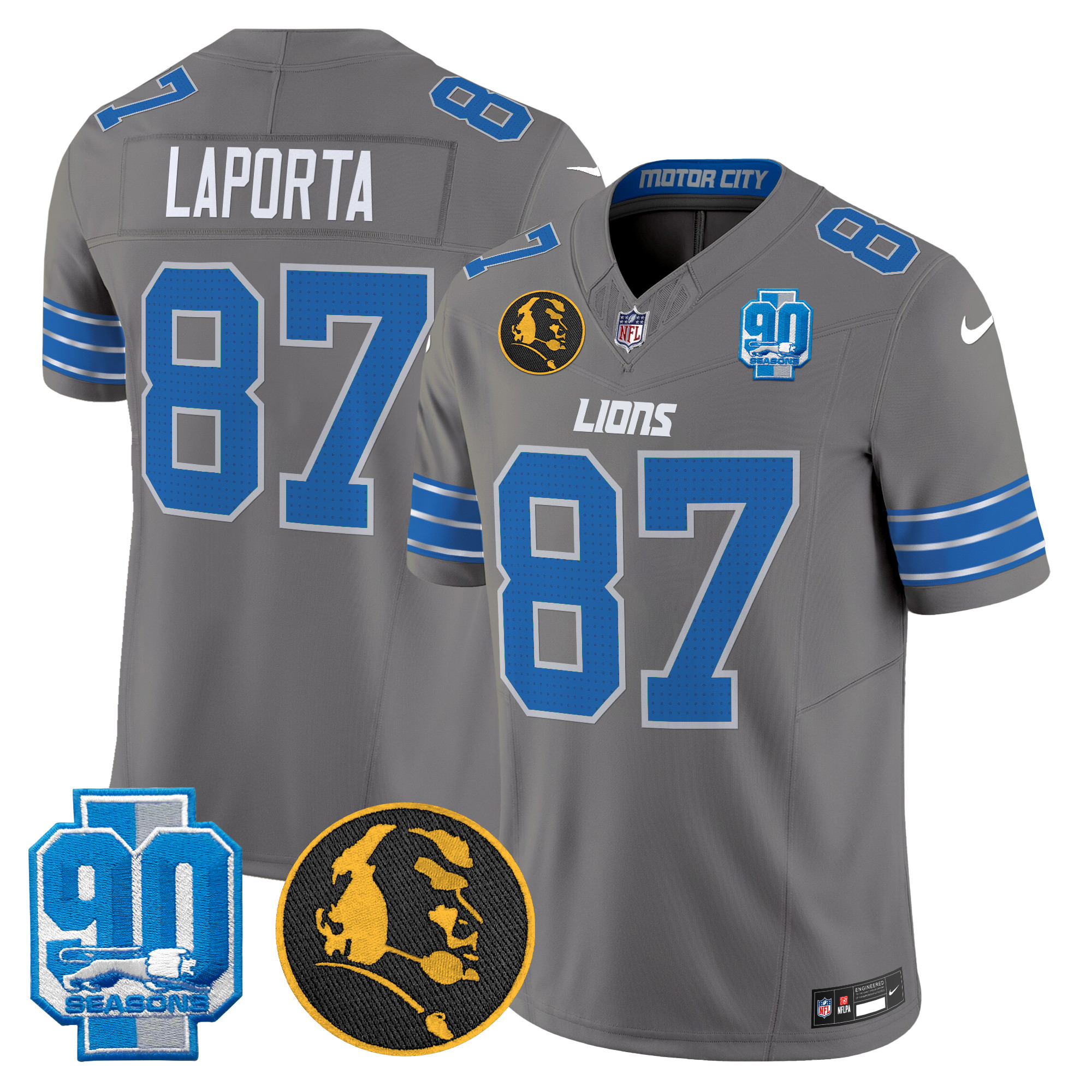 Sam Laporta Men's Detroit Lions 2024 90th & John Madden Patch Vapor Limited Gray Jersey - All Stitched