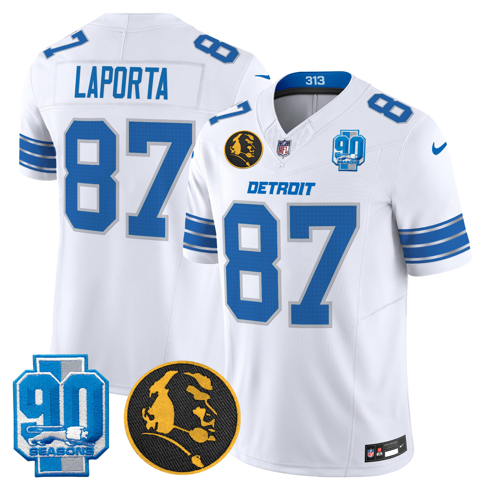 Sam Laporta Men's Detroit Lions 2024 90th & John Madden Patch Vapor Limited White Jersey - All Stitched