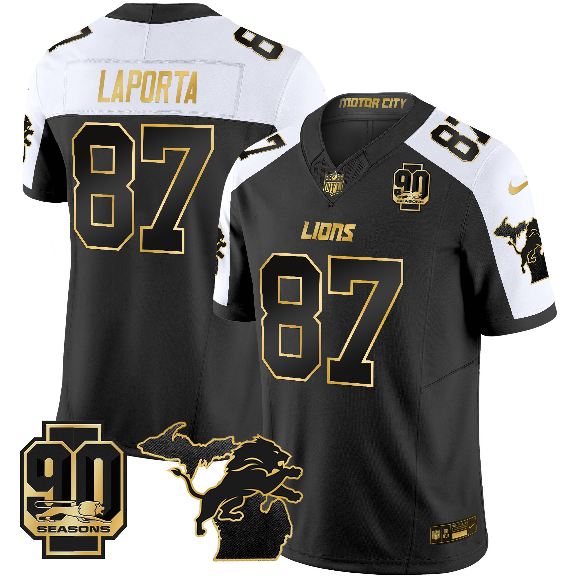 Sam Laporta Men's Detroit Lions 2024 Michigan & 90th Season Patch Gold Vapor Limited Alternate Jersey - All Stitched