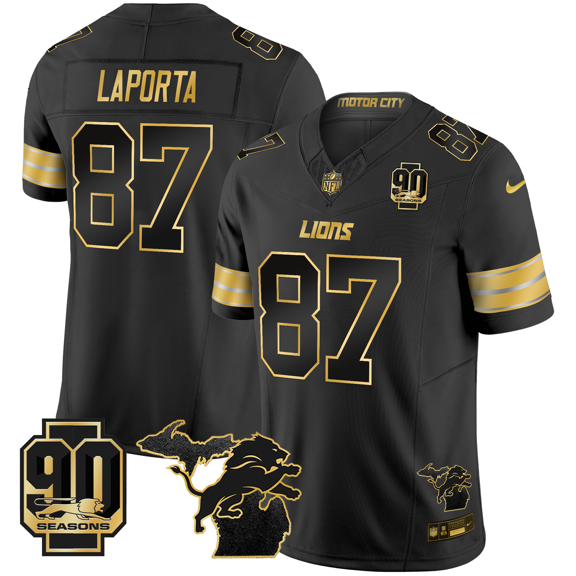 Sam Laporta Men's Detroit Lions 2024 Michigan & 90th Season Patch Gold Vapor Limited Black Gold Jersey - All Stitched