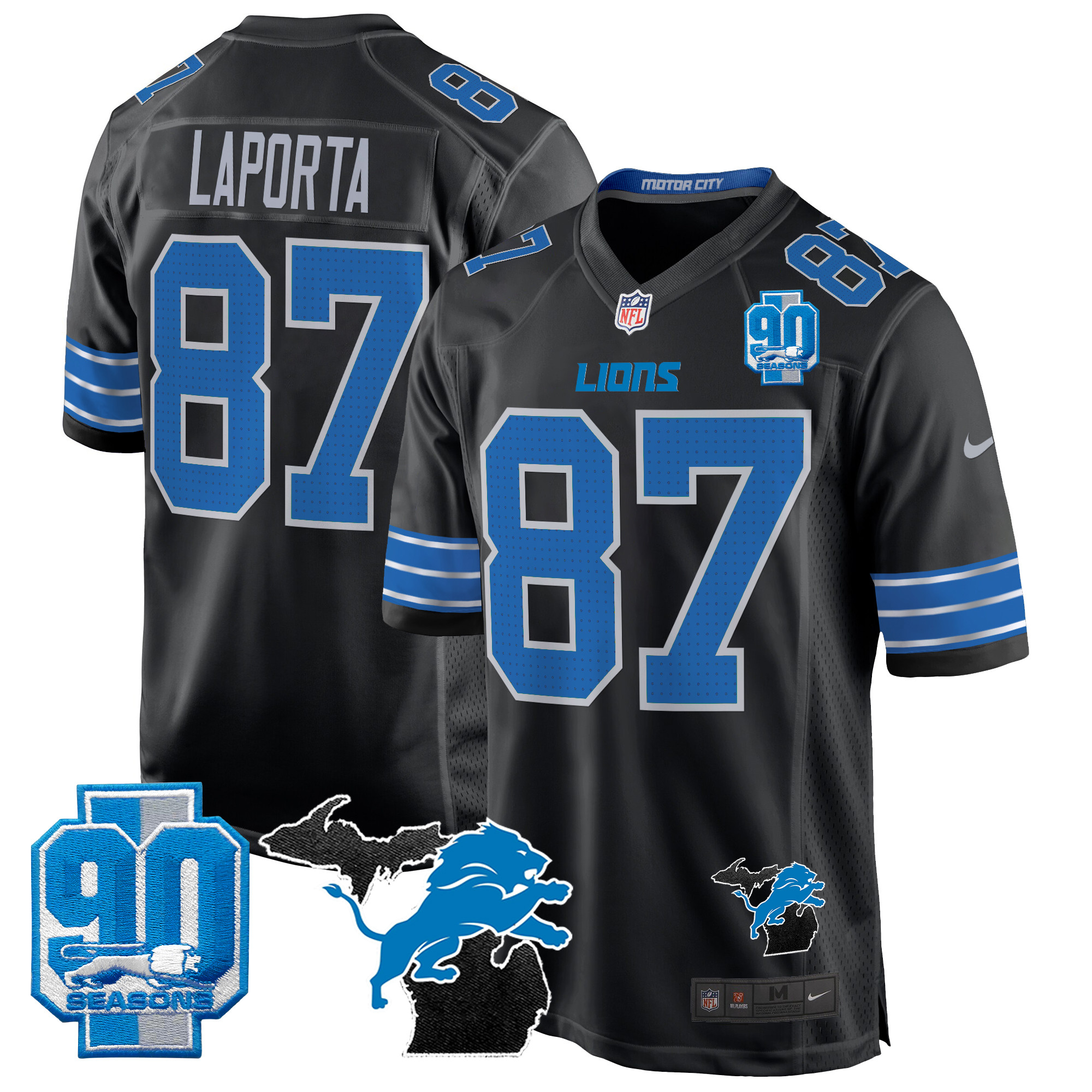 Sam Laporta Men's Detroit Lions 2024 Michigan & 90th Year Patch Game Black Jersey - All Stitched