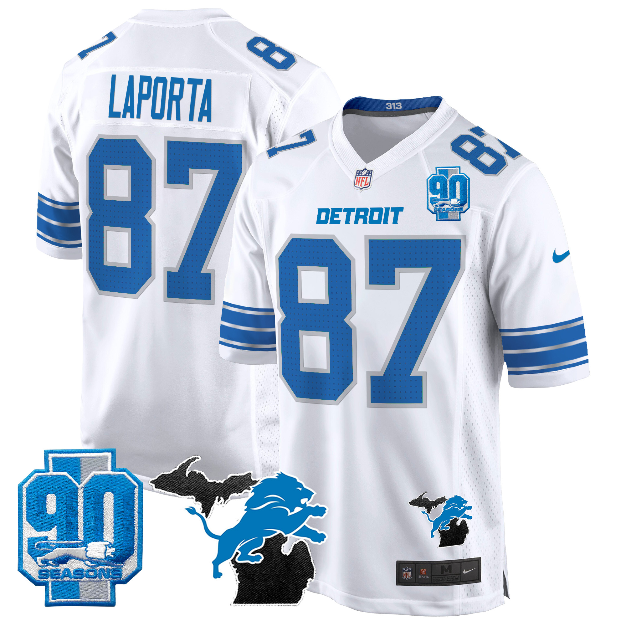 Sam Laporta Men's Detroit Lions 2024 Michigan & 90th Year Patch Game White Jersey - All Stitched