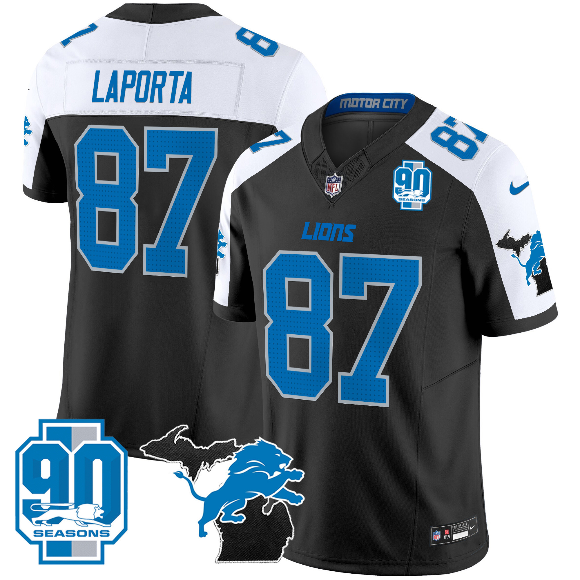 Sam Laporta Men's Detroit Lions 2024 Michigan & 90th Year Patch Vapor Alternate Jersey - All Stitched