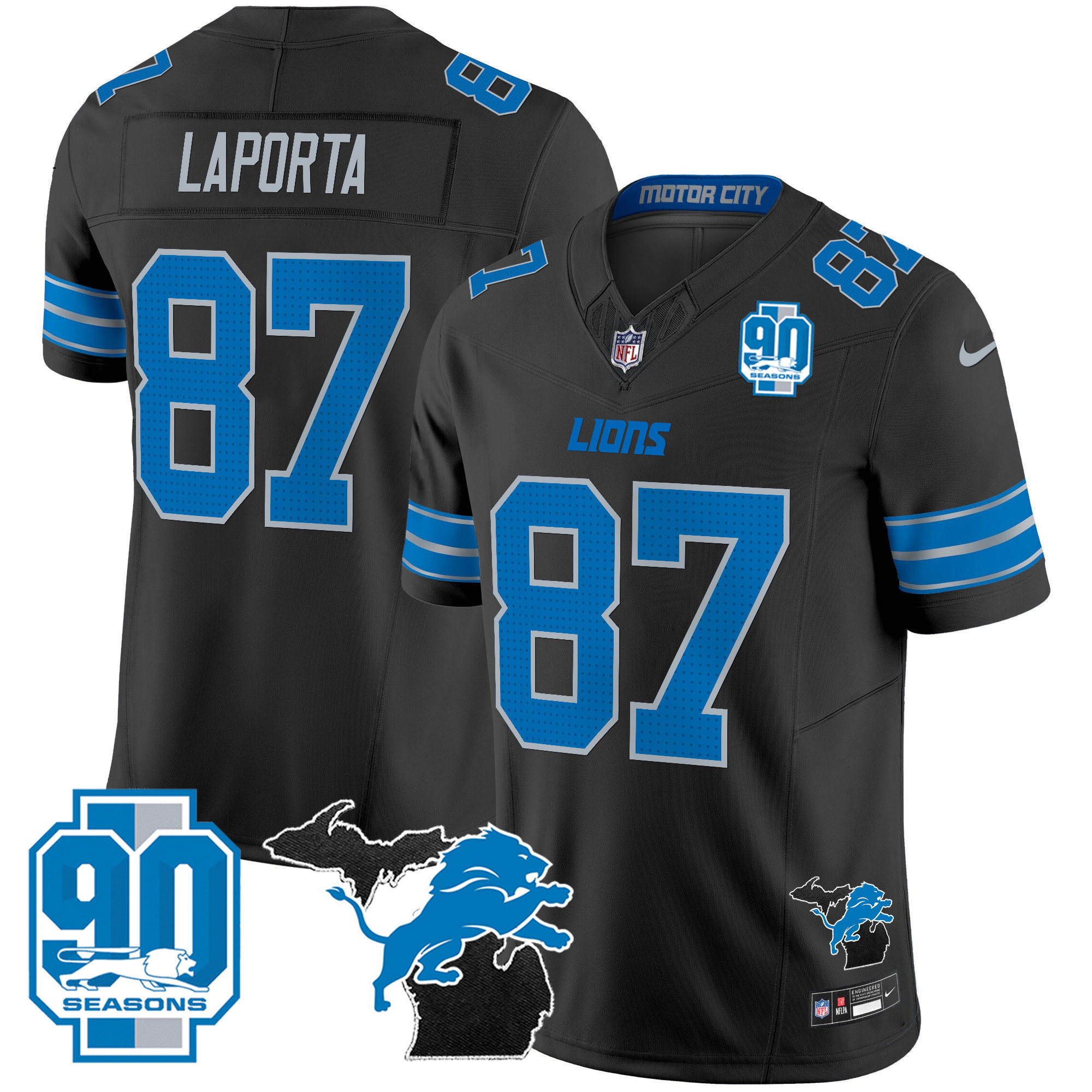 Sam Laporta Men's Detroit Lions 2024 Michigan & 90th Year Patch Vapor Black Jersey - All Stitched