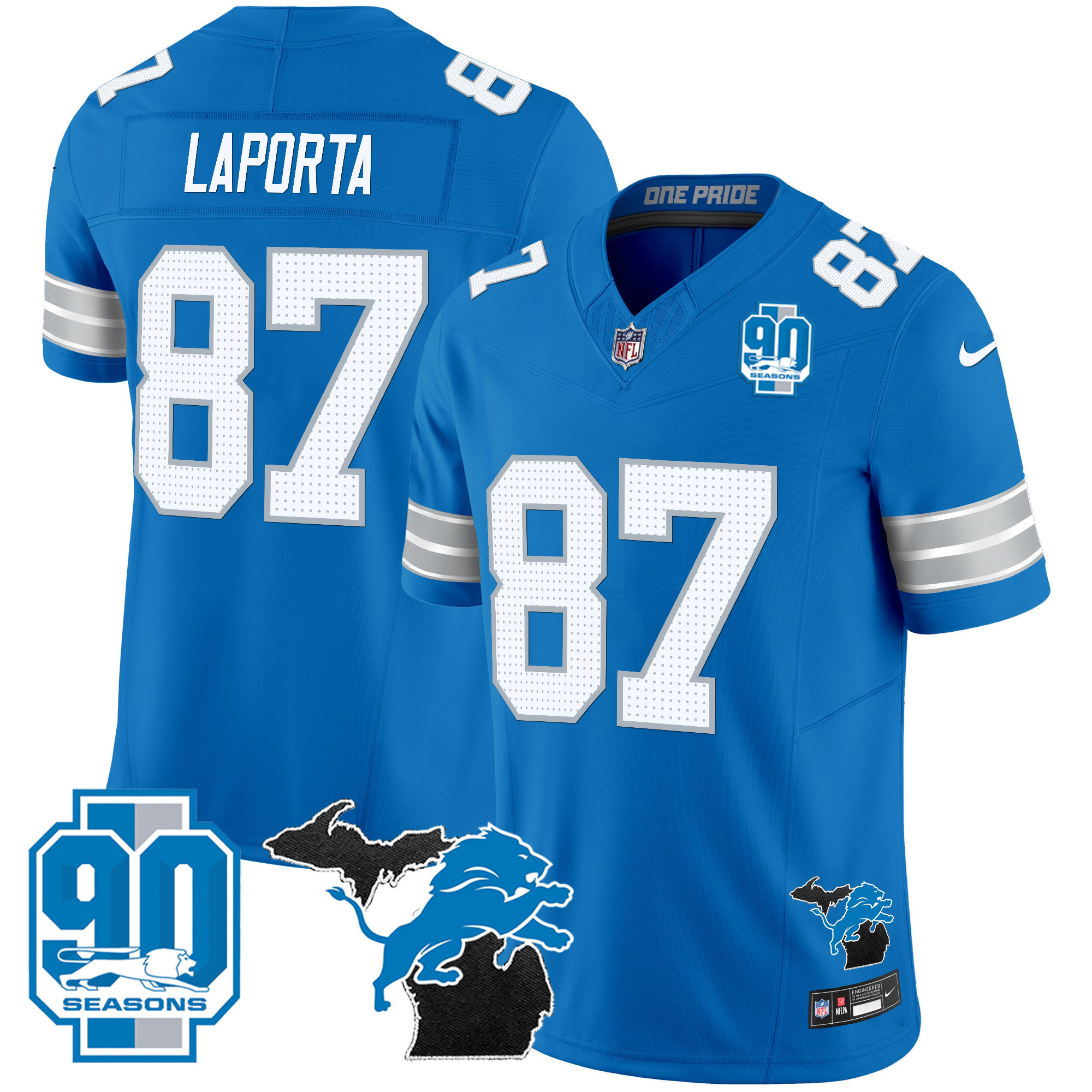 Sam Laporta Men's Detroit Lions 2024 Michigan & 90th Year Patch Vapor Blue Jersey - All Stitched