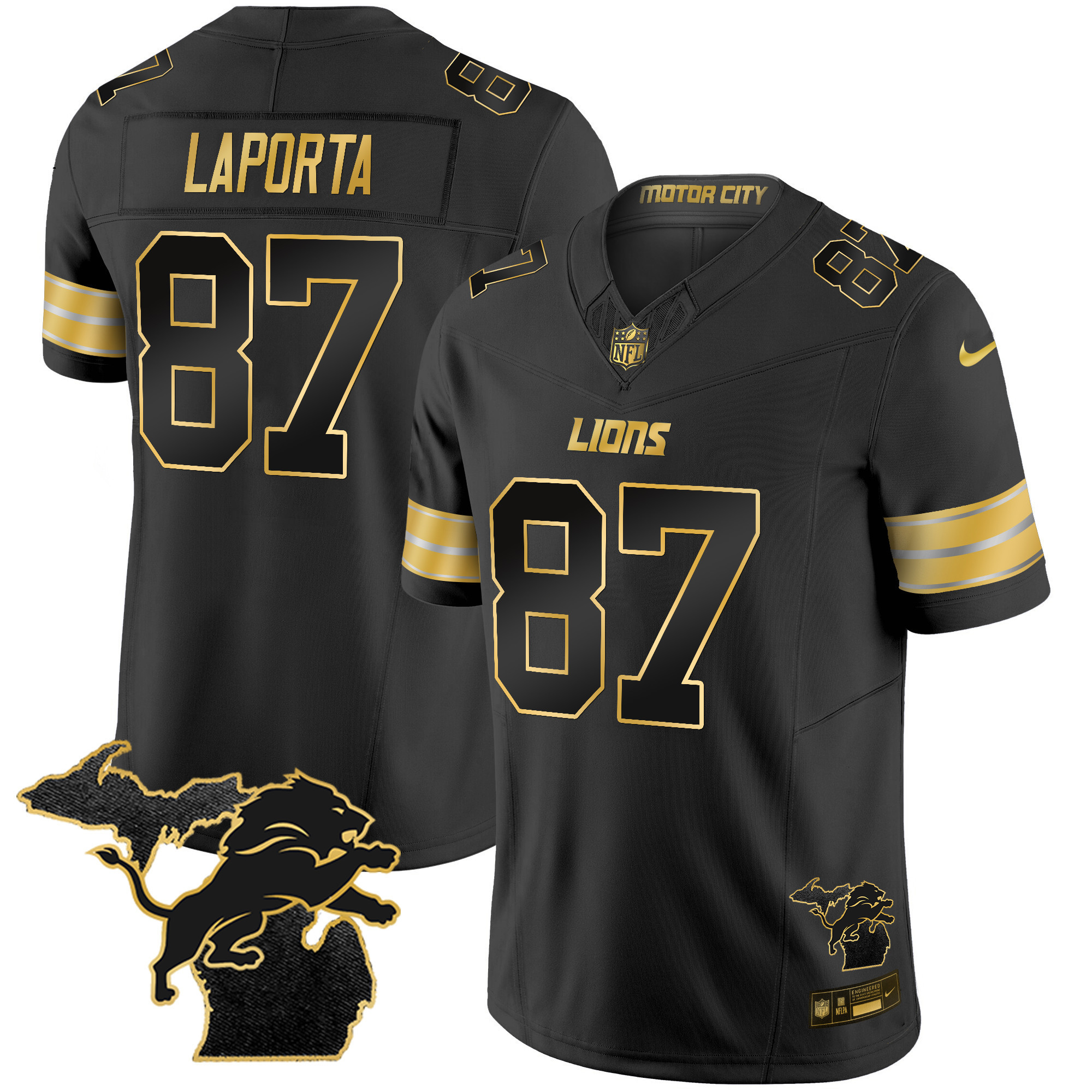 Sam Laporta Men's Detroit Lions 2024 Michigan Patch Gold Vapor Black Gold Jersey - All Stitched