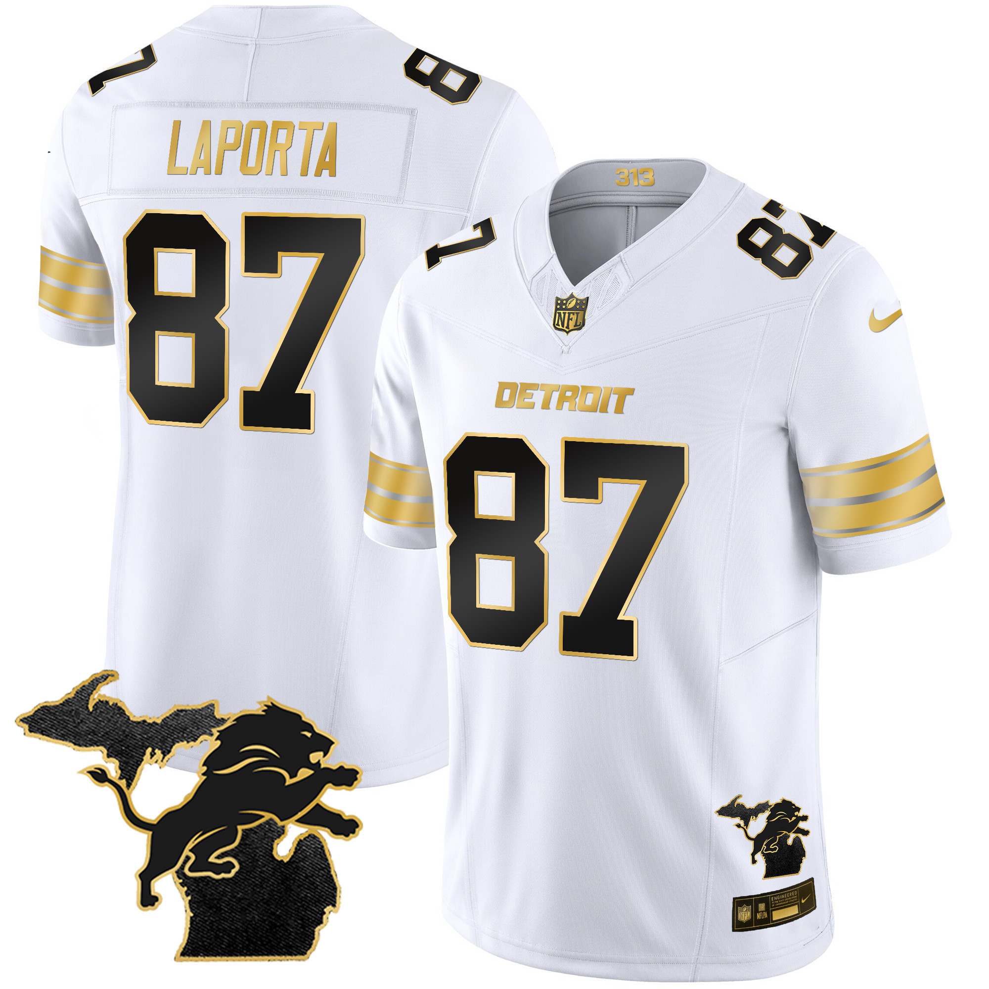 Sam Laporta Men's Detroit Lions 2024 Michigan Patch Gold Vapor White Gold Jersey - All Stitched