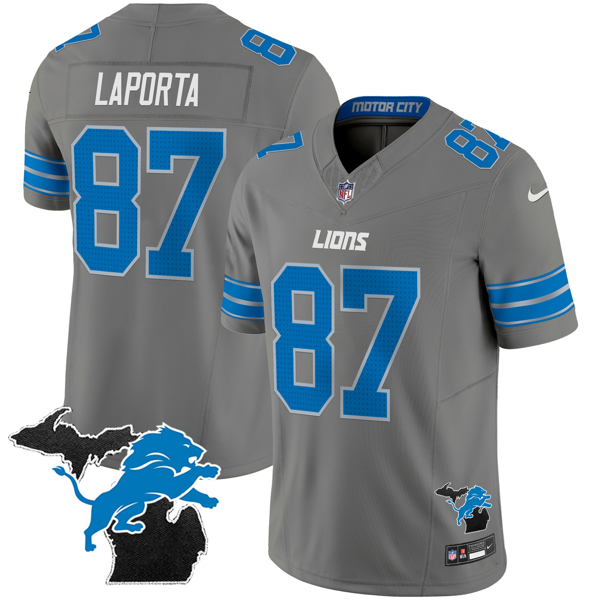 Sam Laporta Men's Detroit Lions 2024 Michigan Patch Vapor Limited Gray Jersey - All Stitched