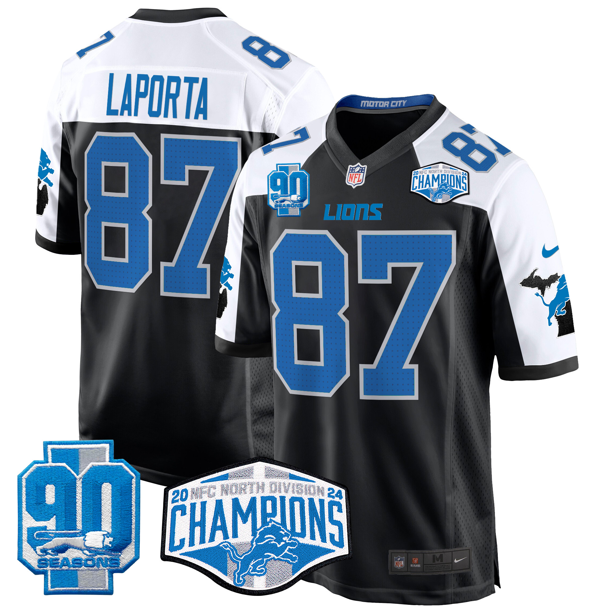 Sam Laporta Men's Detroit Lions 2024 NFC North Division Champions Patch Game Black Alternate Jersey - All Stitched