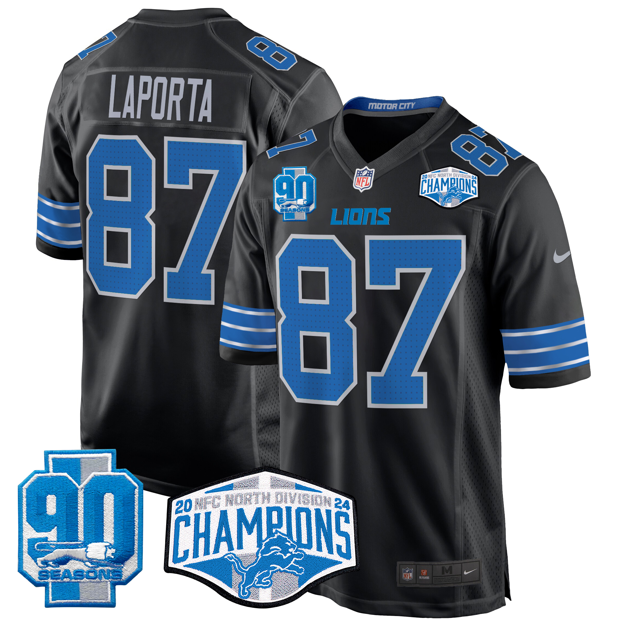 Sam Laporta Men's Detroit Lions 2024 NFC North Division Champions Patch Game Black Jersey - All Stitched