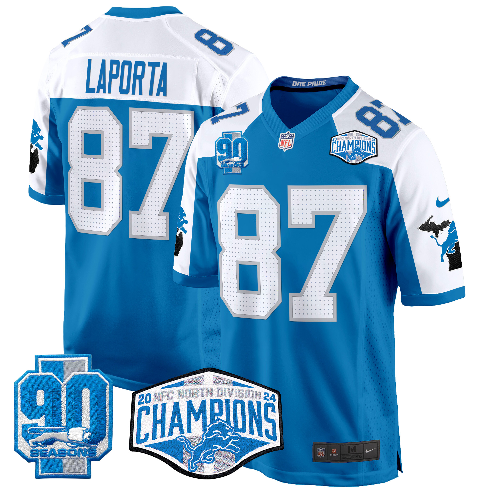 Sam Laporta Men's Detroit Lions 2024 NFC North Division Champions Patch Game Blue Alternate Jersey - All Stitched