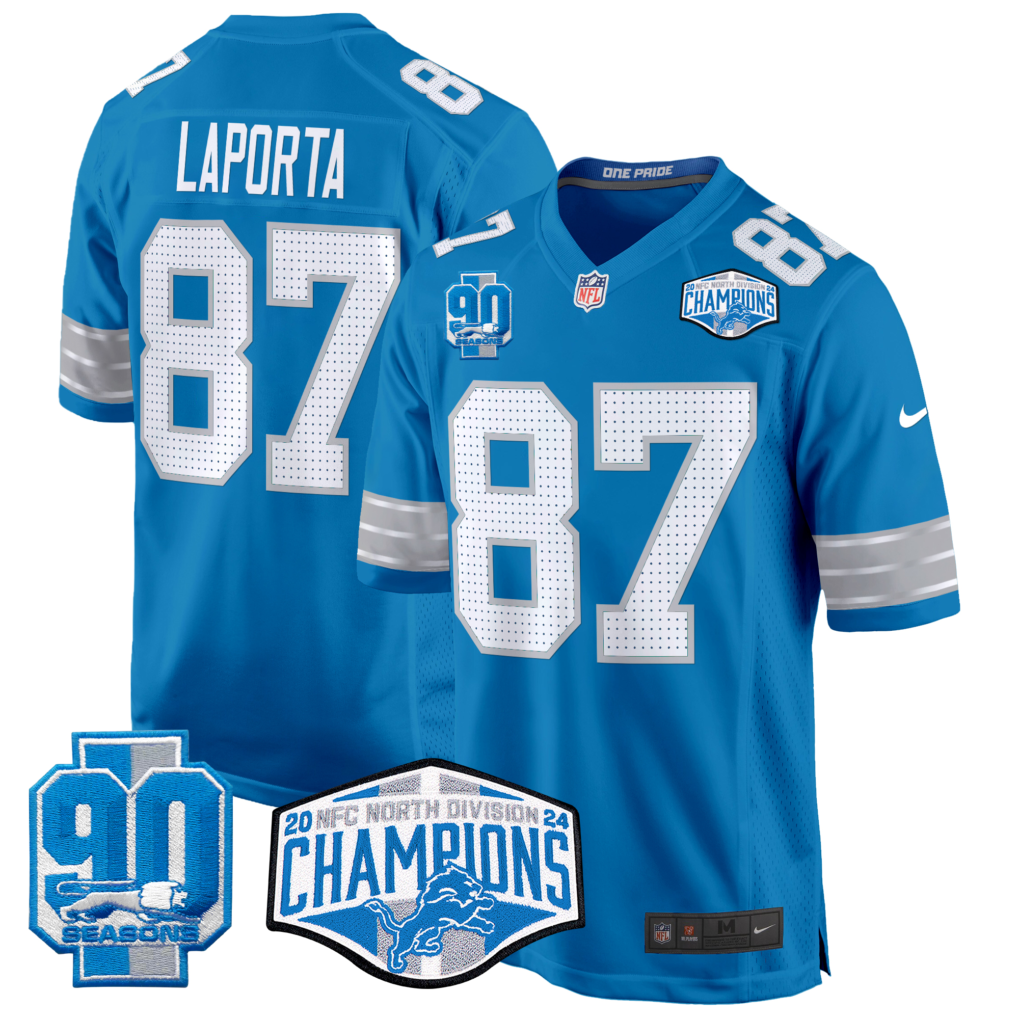 Sam Laporta Men's Detroit Lions 2024 NFC North Division Champions Patch Game Blue Jersey - All Stitched