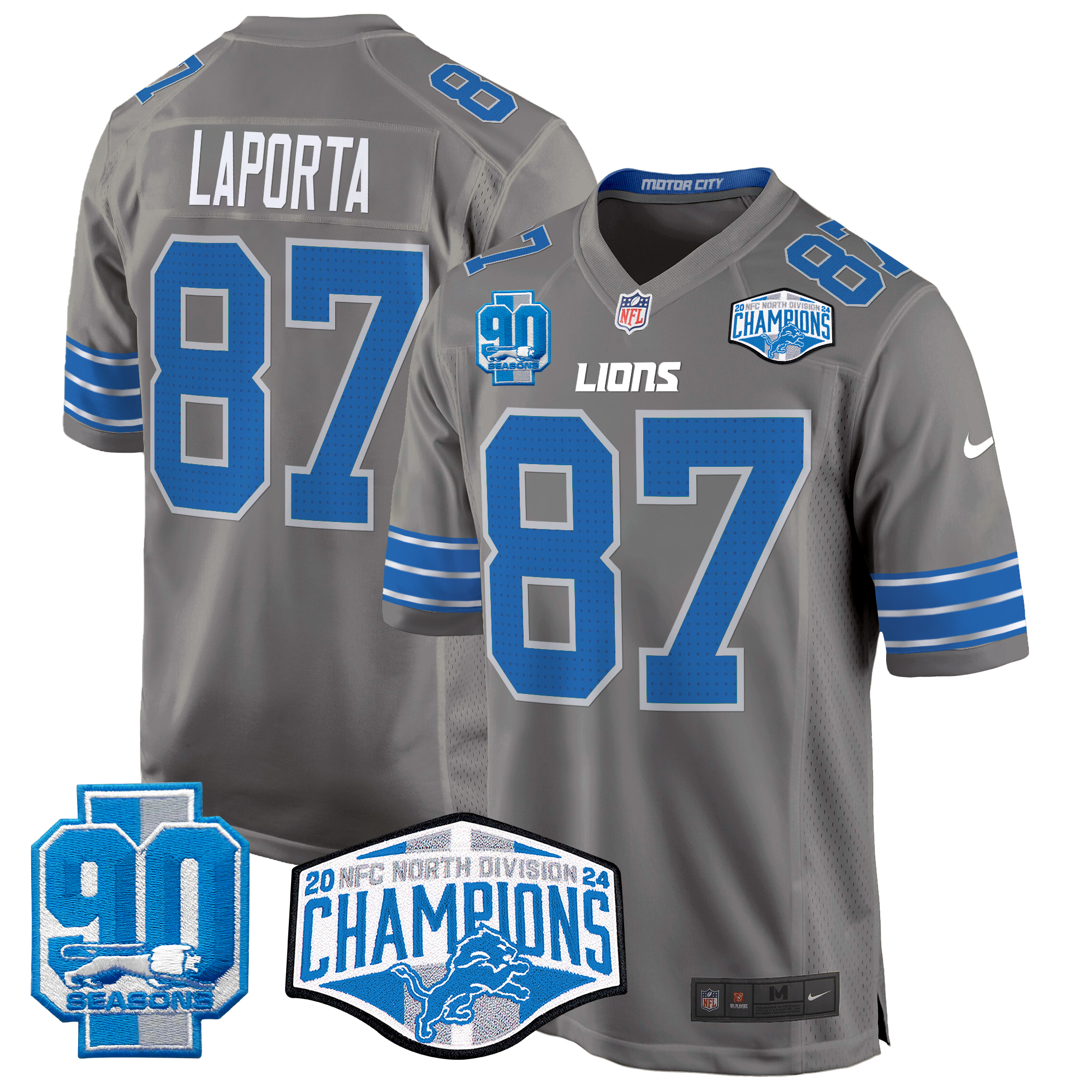 Sam Laporta Men's Detroit Lions 2024 NFC North Division Champions Patch Game Gray Jersey - All Stitched