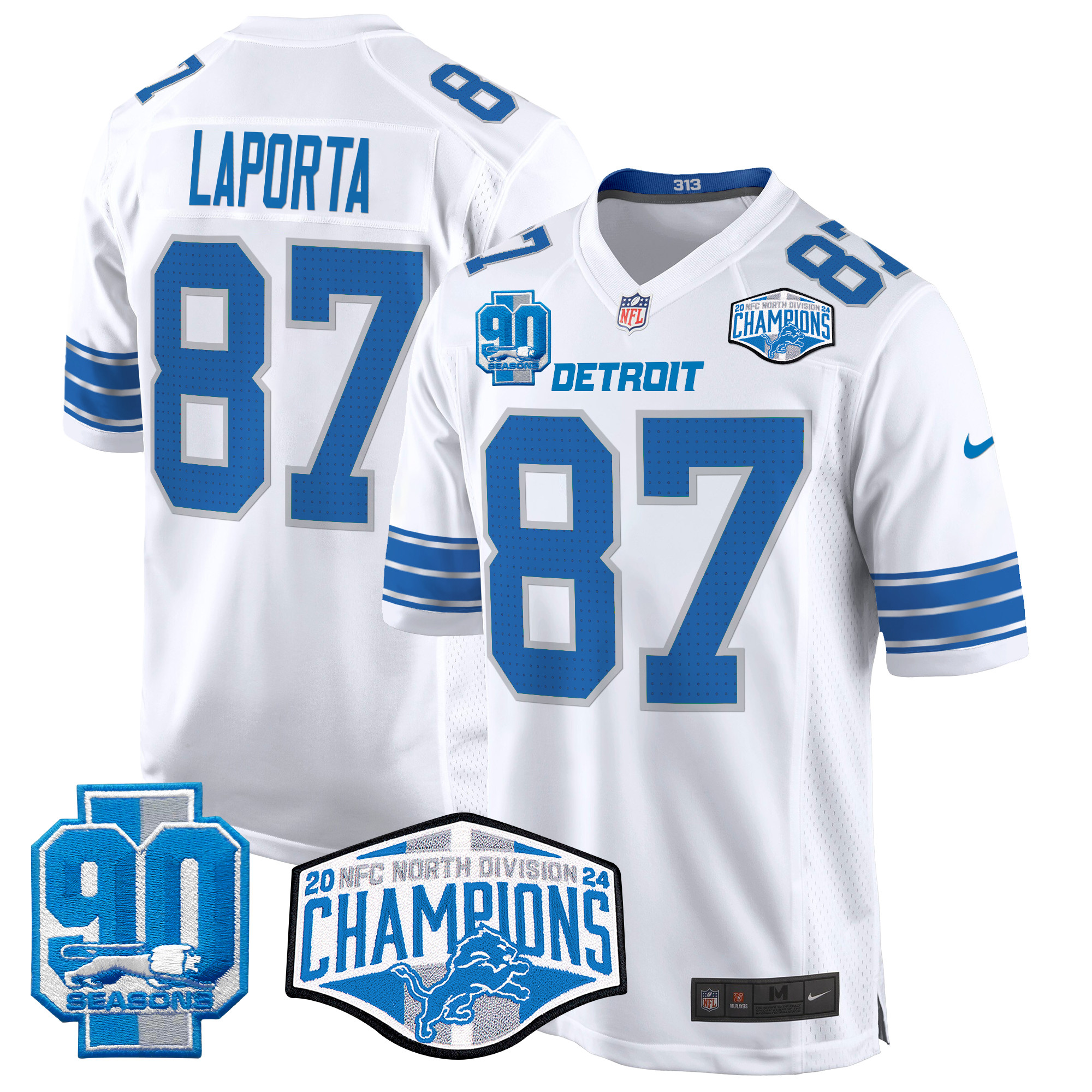 Sam Laporta Men's Detroit Lions 2024 NFC North Division Champions Patch Game White Jersey - All Stitched