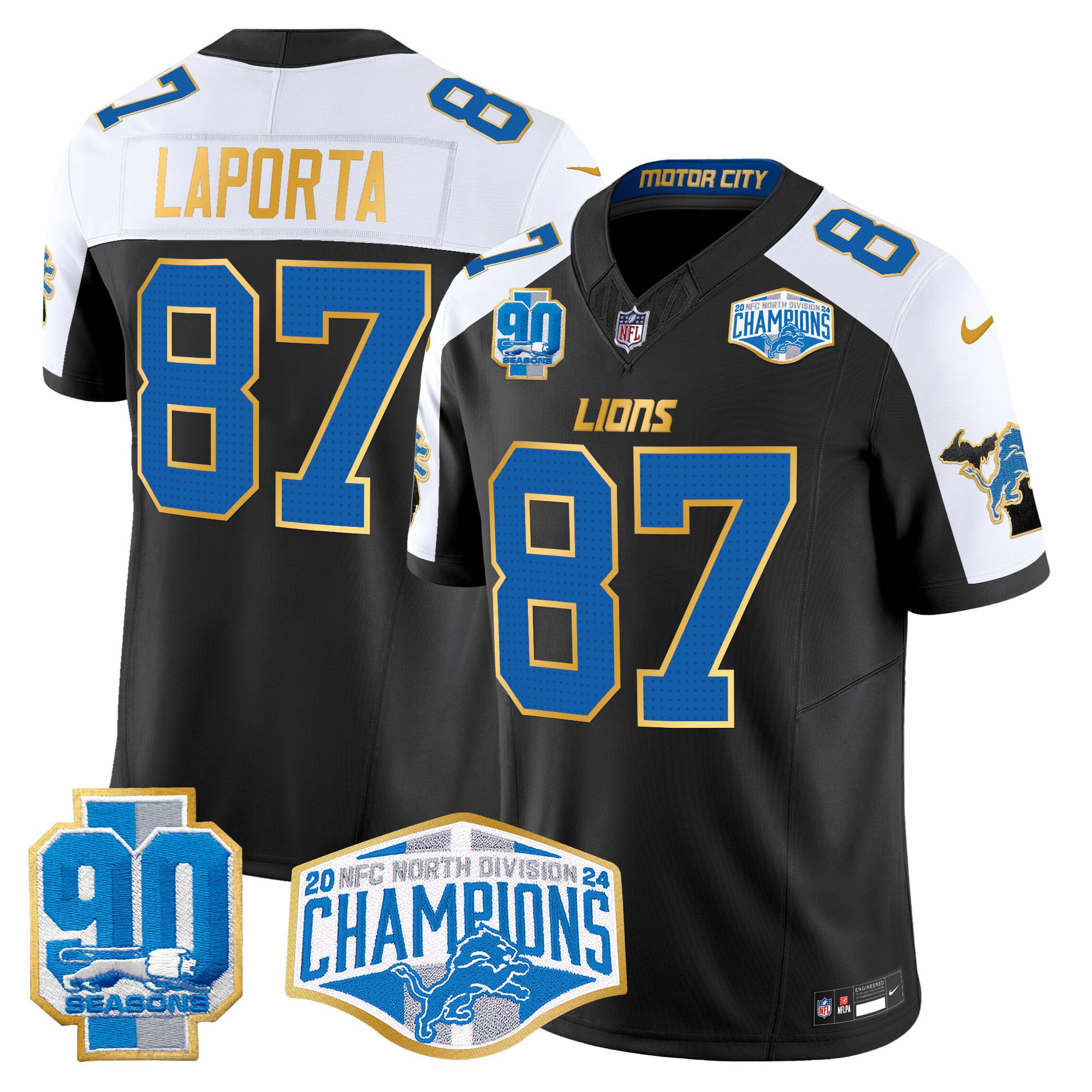 Sam Laporta Men's Detroit Lions 2024 NFC North Division Champions Patch Gold Trim Vapor Limited Black Alternate Jersey - All Stitched