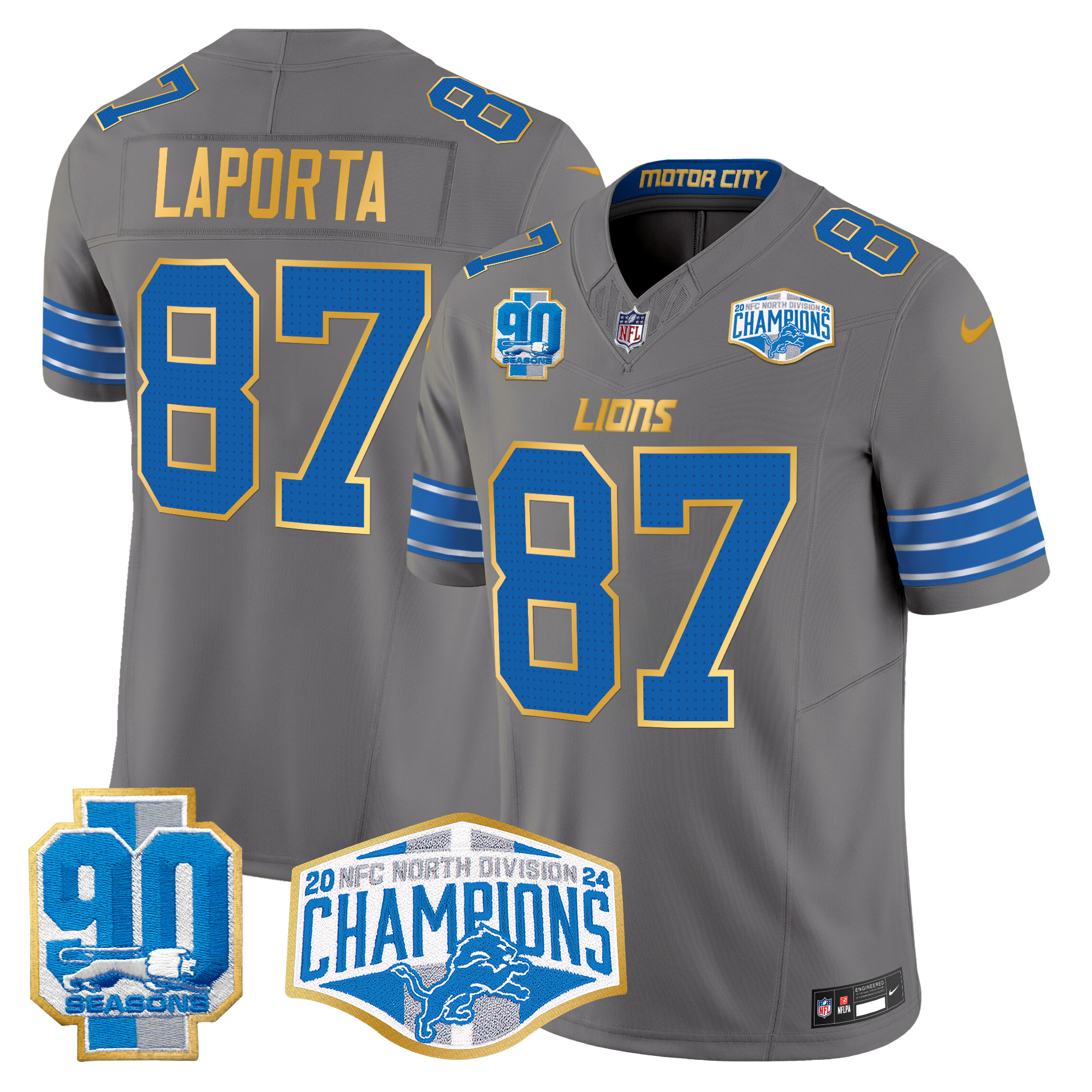 Sam Laporta Men's Detroit Lions 2024 NFC North Division Champions Patch Gold Trim Vapor Limited Gray Jersey - All Stitched