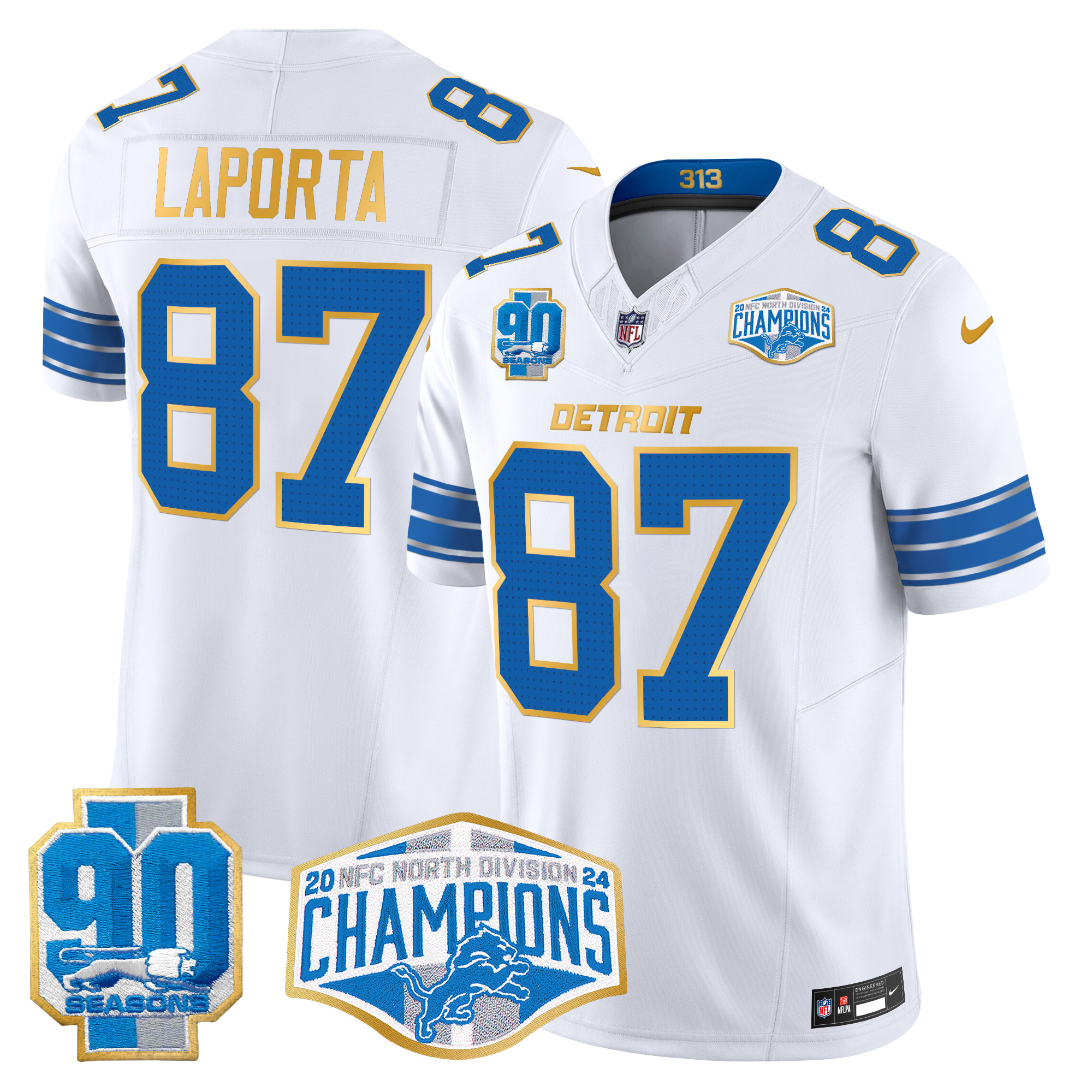 Sam Laporta Men's Detroit Lions 2024 NFC North Division Champions Patch Gold Trim Vapor Limited White Jersey - All Stitched