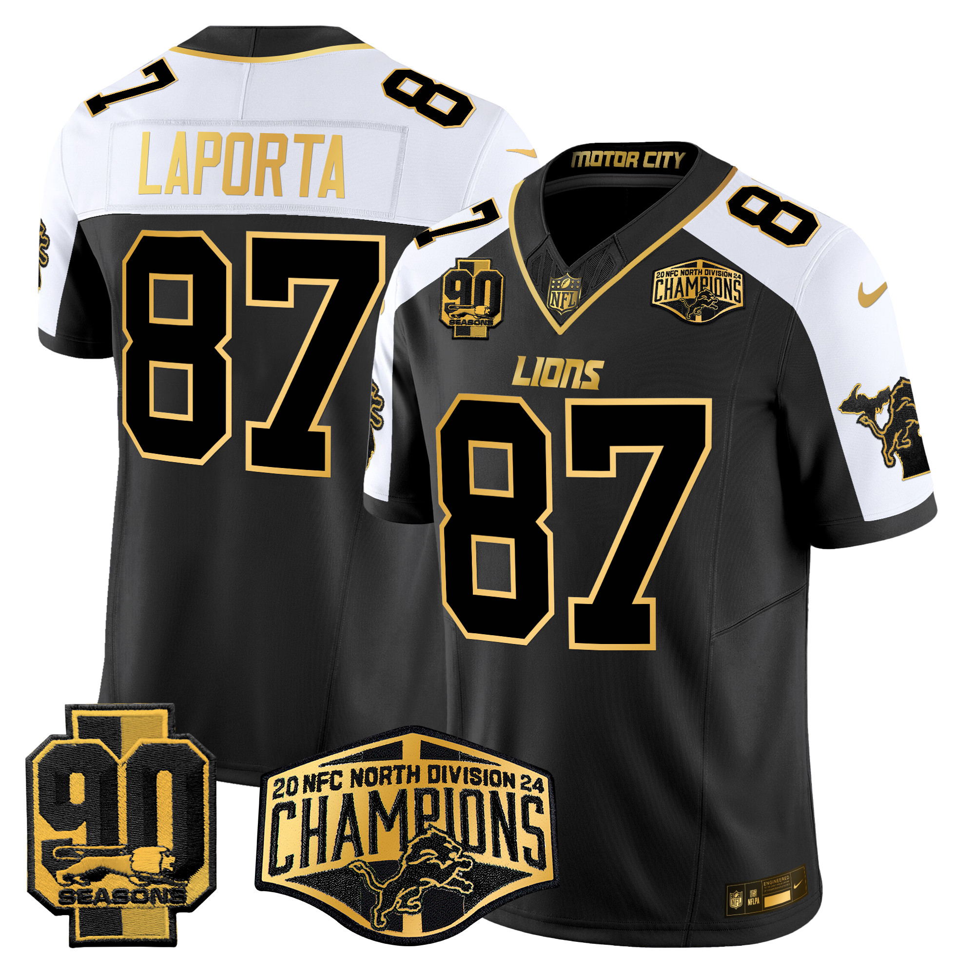 Sam Laporta Men's Detroit Lions 2024 NFC North Division Champions Patch Gold Vapor Limited Alternate Jersey - All Stitched