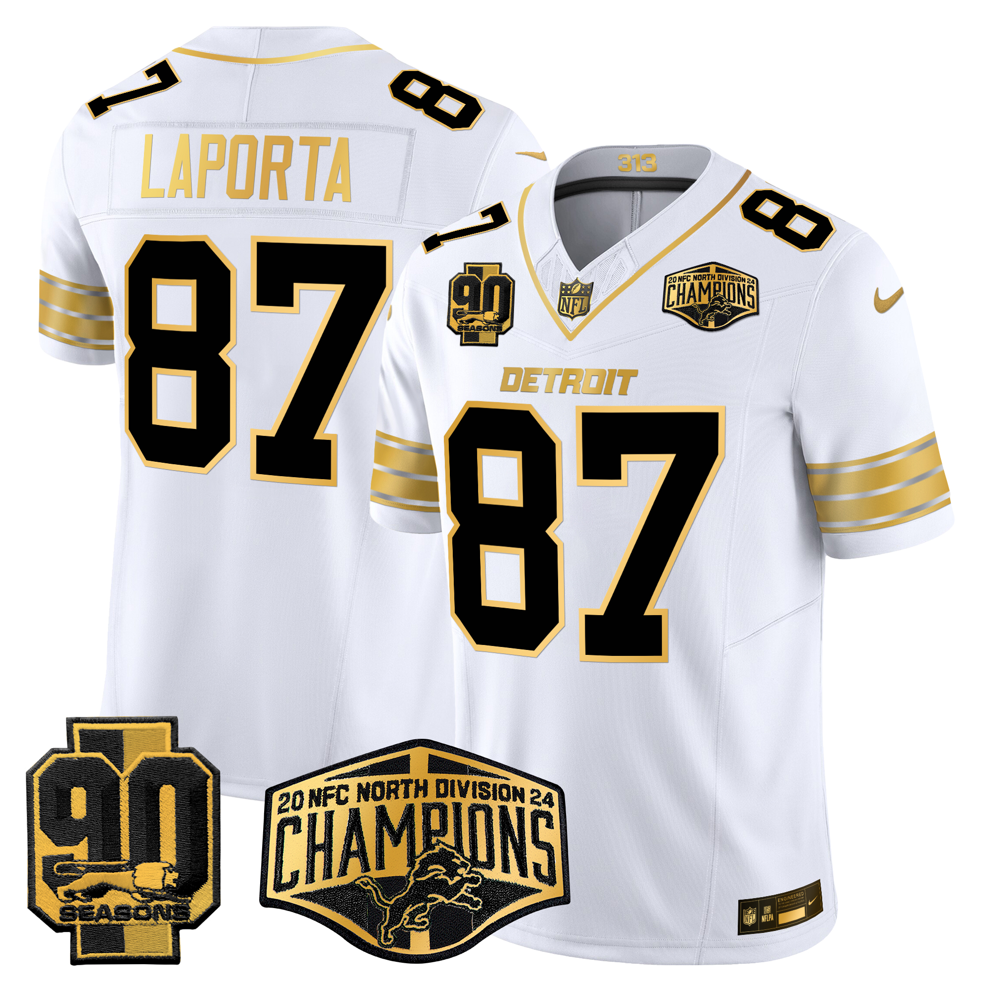 Sam Laporta Men's Detroit Lions 2024 NFC North Division Champions Patch Gold Vapor Limited White Gold Jersey - All Stitched