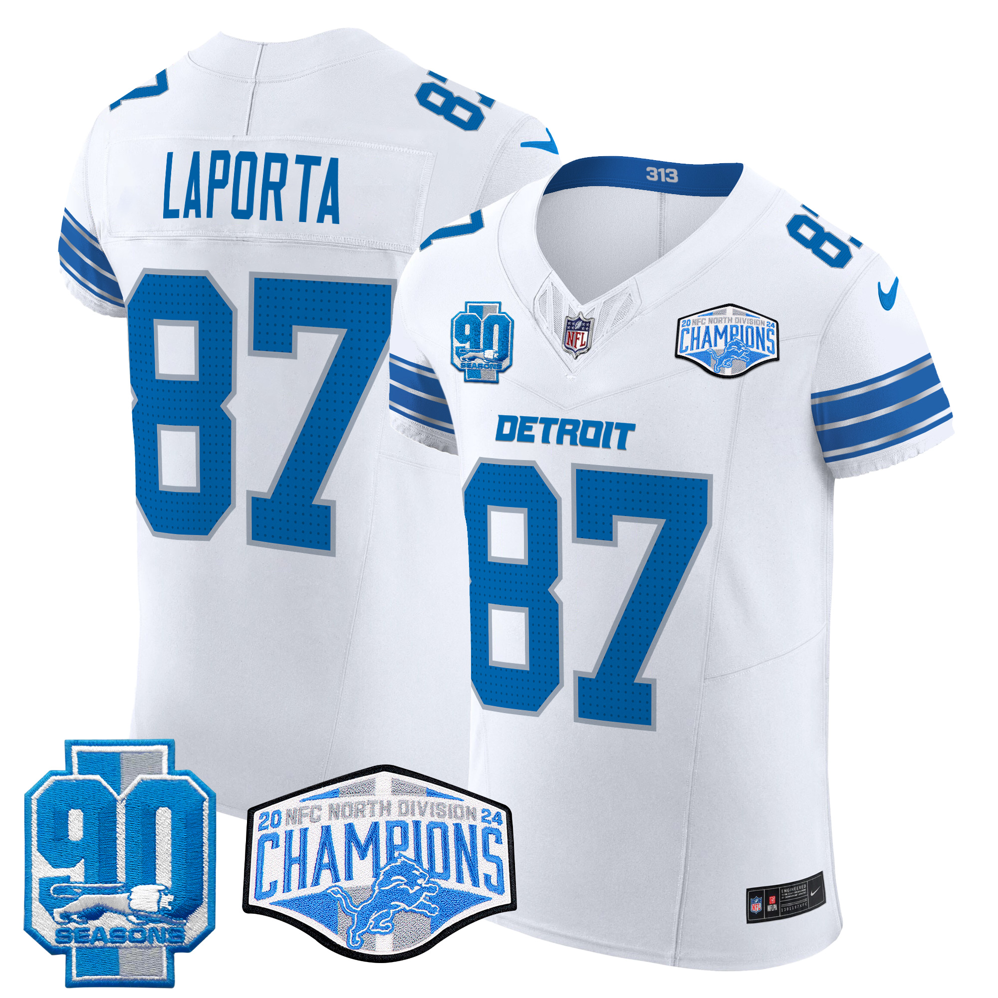 Sam Laporta Men's Detroit Lions 2024 NFC North Division Champions Patch Vapor Elite White Jersey - All Stitched