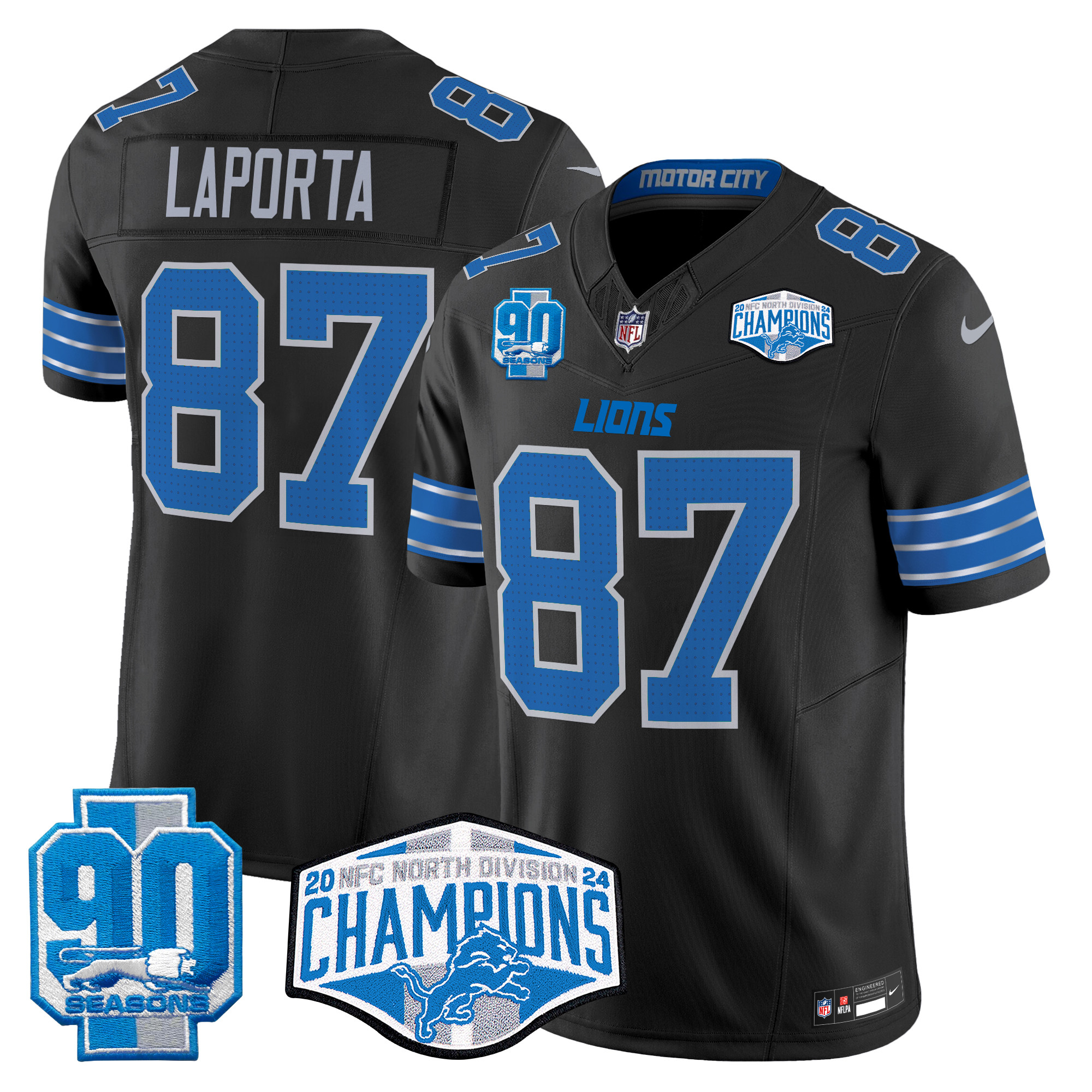 Sam Laporta Men's Detroit Lions 2024 NFC North Division Champions Patch Vapor Limited Black Jersey - All Stitched
