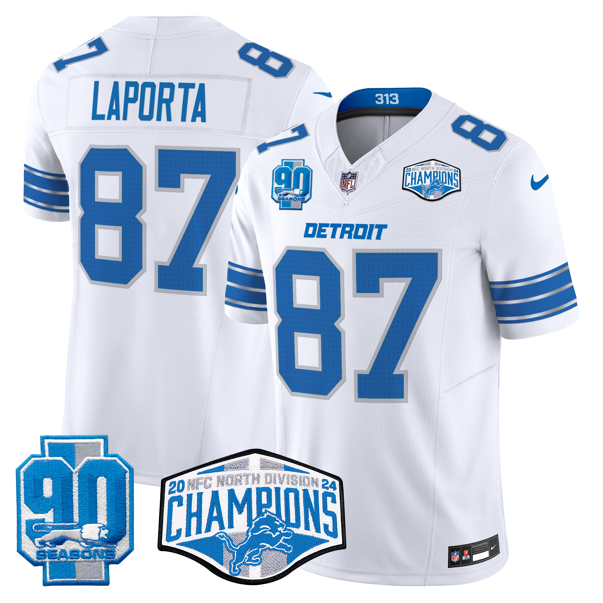 Sam Laporta Men's Detroit Lions 2024 NFC North Division Champions Patch Vapor Limited White Jersey - All Stitched