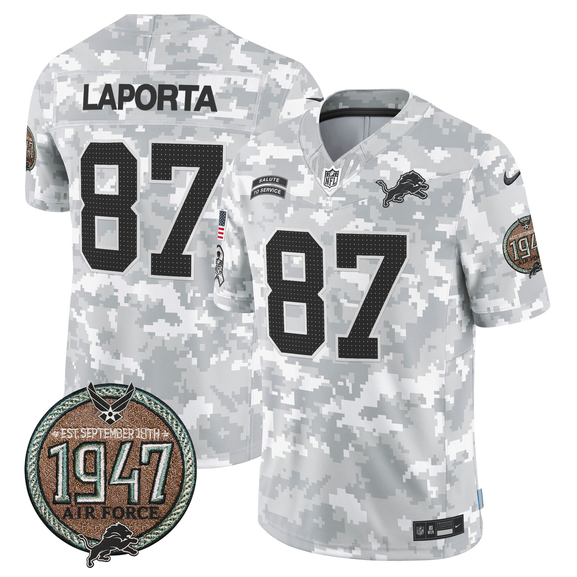 Sam Laporta Men's Detroit Lions 2024 Salute to Service Establishment Year Patch Vapor Limited Air Force Jersey - All Stitched