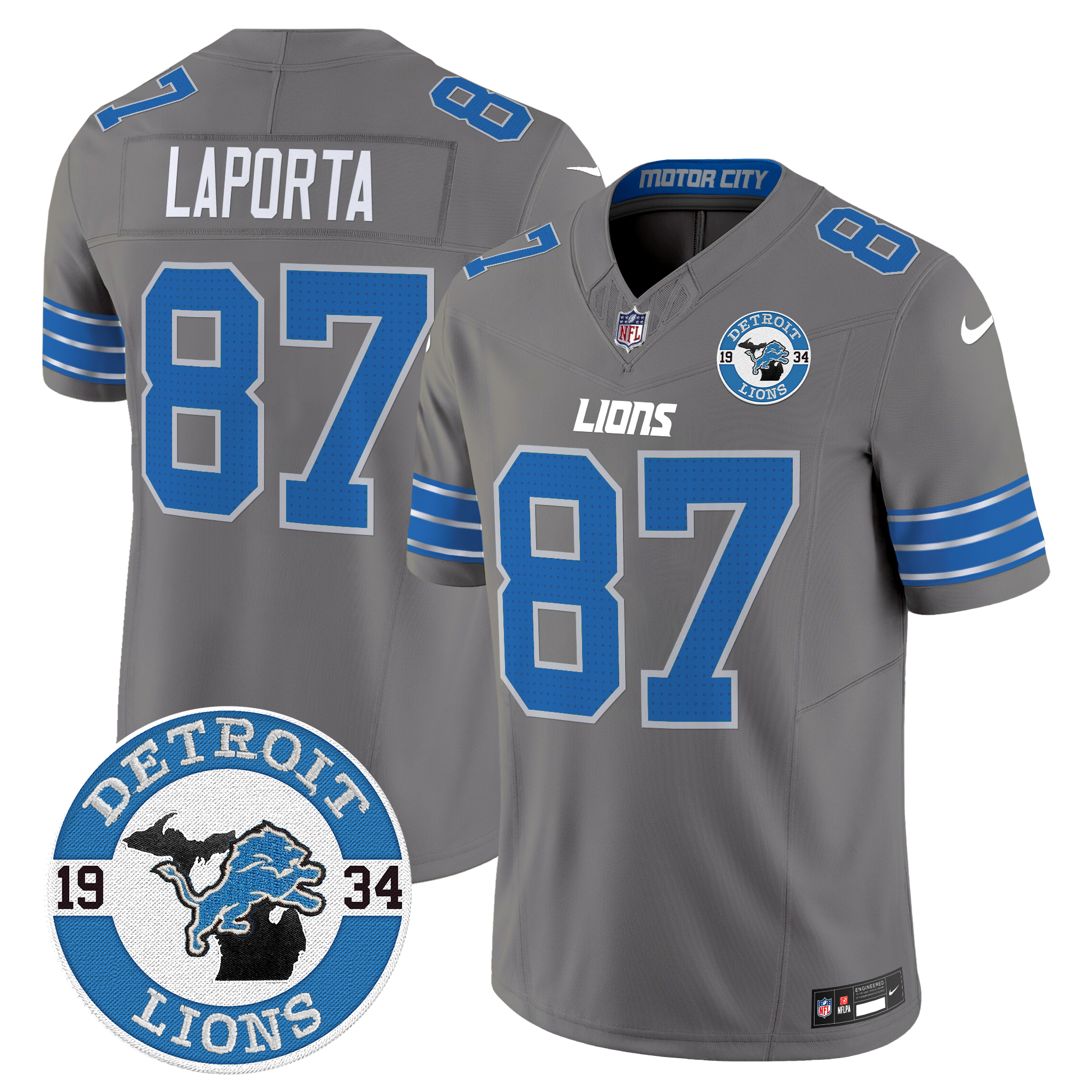 Sam Laporta Men's Detroit Lions 2024 Vapor Limited Gray Jersey - All Stitched