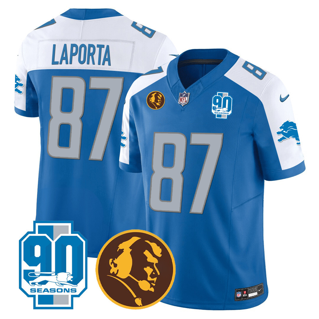 Sam Laporta Men's Detroit Lions 90th & John Madden Patch Blue Alternate Jersey - All Stitched