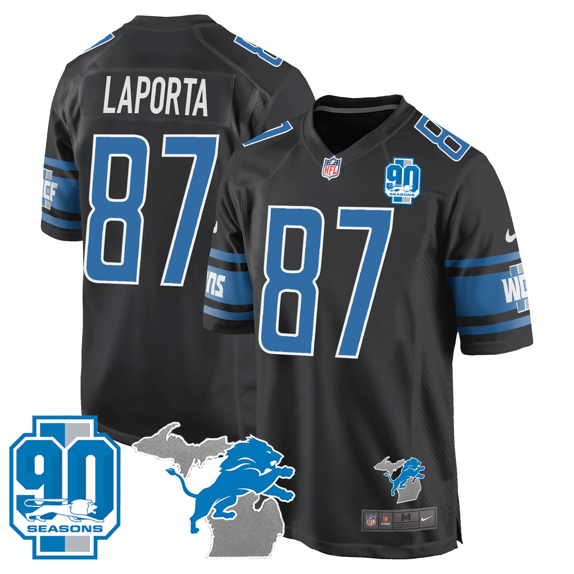 Sam Laporta Men's Detroit Lions 90th Year & Michigan Patch Game Black Jersey - All Stitched