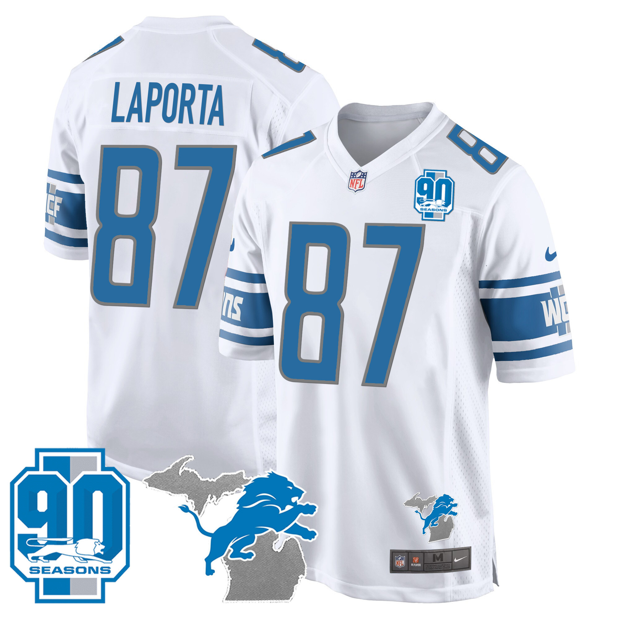 Sam Laporta Men's Detroit Lions 90th Year & Michigan Patch Game White Jersey - All Stitched