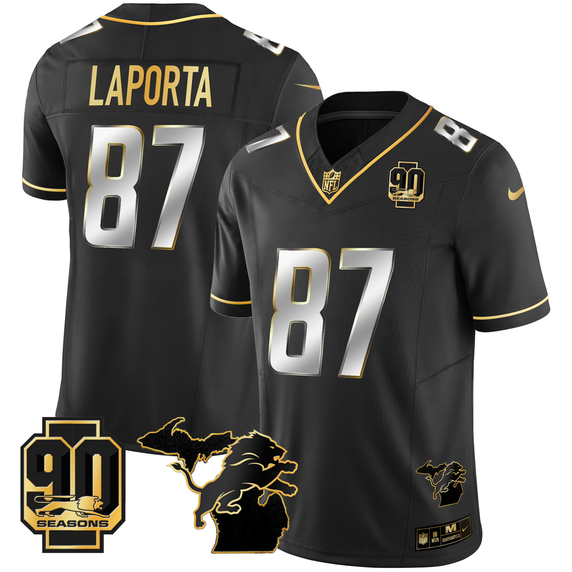 Sam Laporta Men's Detroit Lions 90th Year & Michigan Patch Gold Vapor Black Limited Jersey - All Stitched