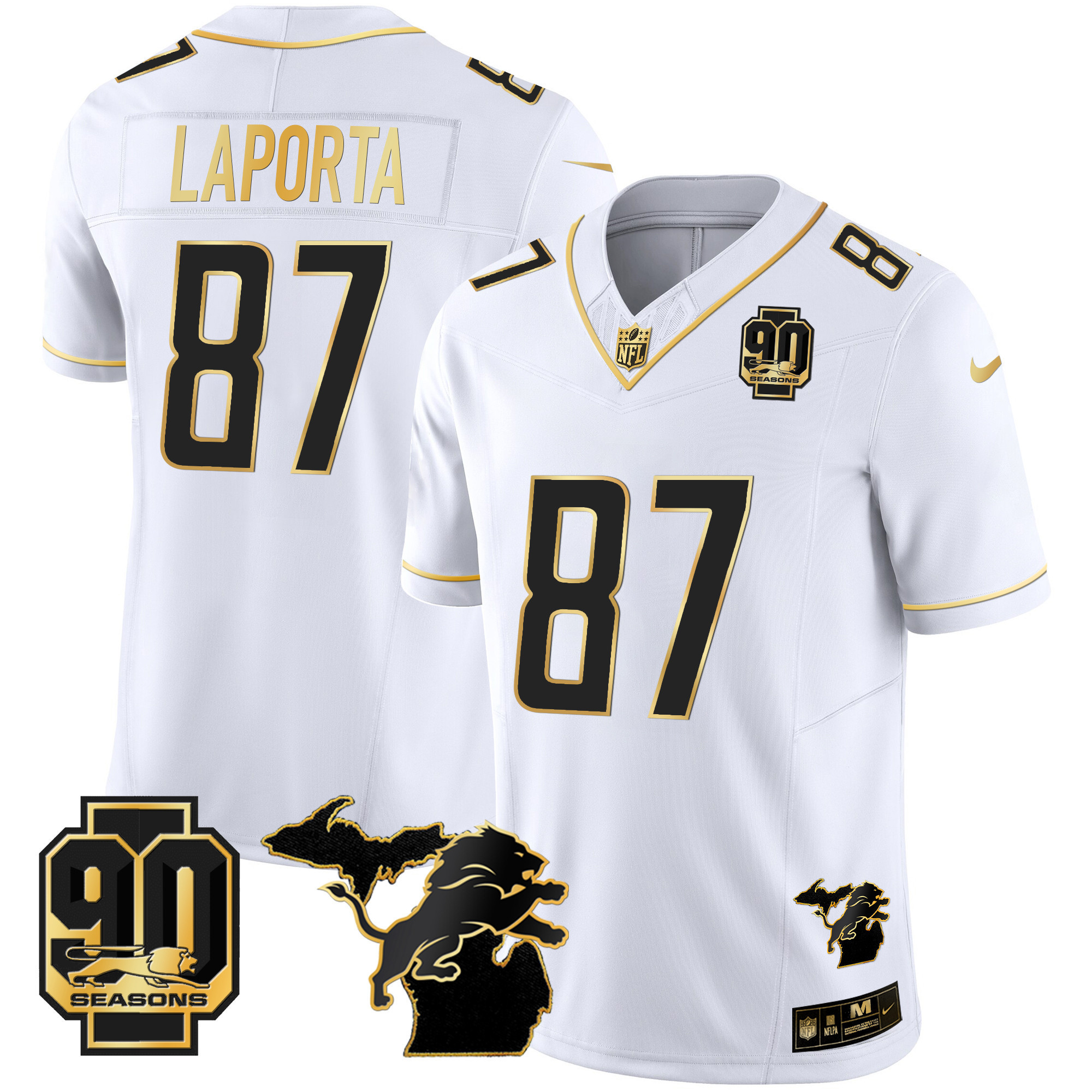 Sam Laporta Men's Detroit Lions 90th Year & Michigan Patch Gold Vapor White Gold Jersey - All Stitched