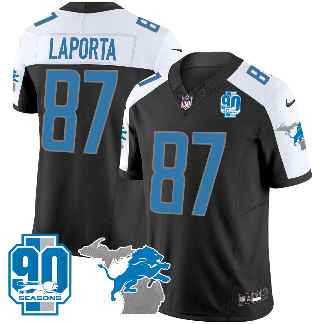 Sam Laporta Men's Detroit Lions 90th Year & Michigan Patch Vapor Black Alternate Jersey - All Stitched