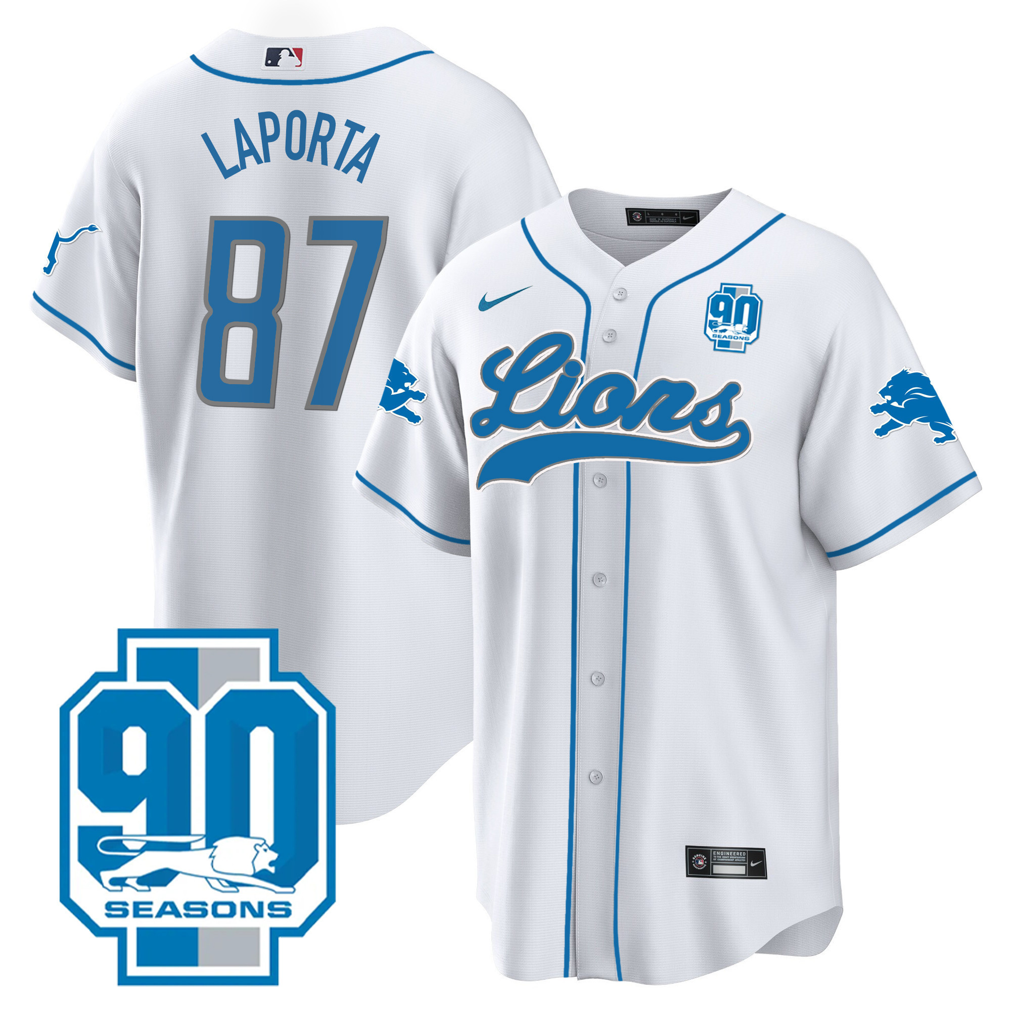 Sam Laporta Men's Detroit Lions 90th Year Patch Baseball White Jersey - All Stitched