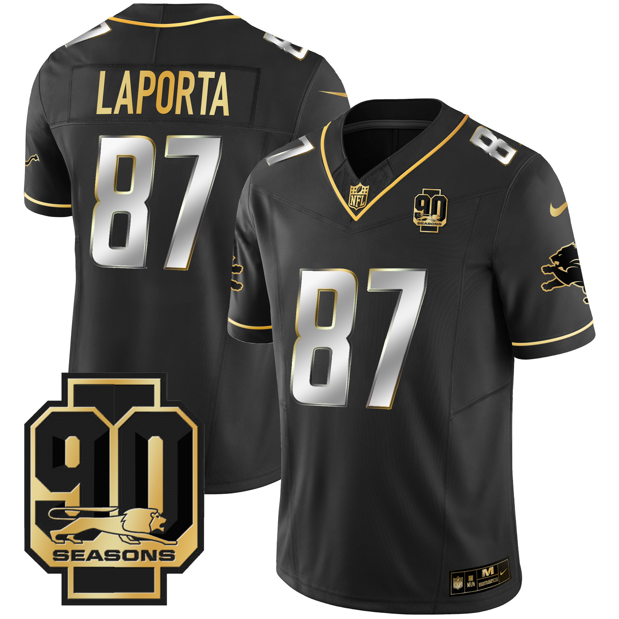 Sam Laporta Men's Detroit Lions 90th Year Patch Gold Black Limited Jersey - All Stitched
