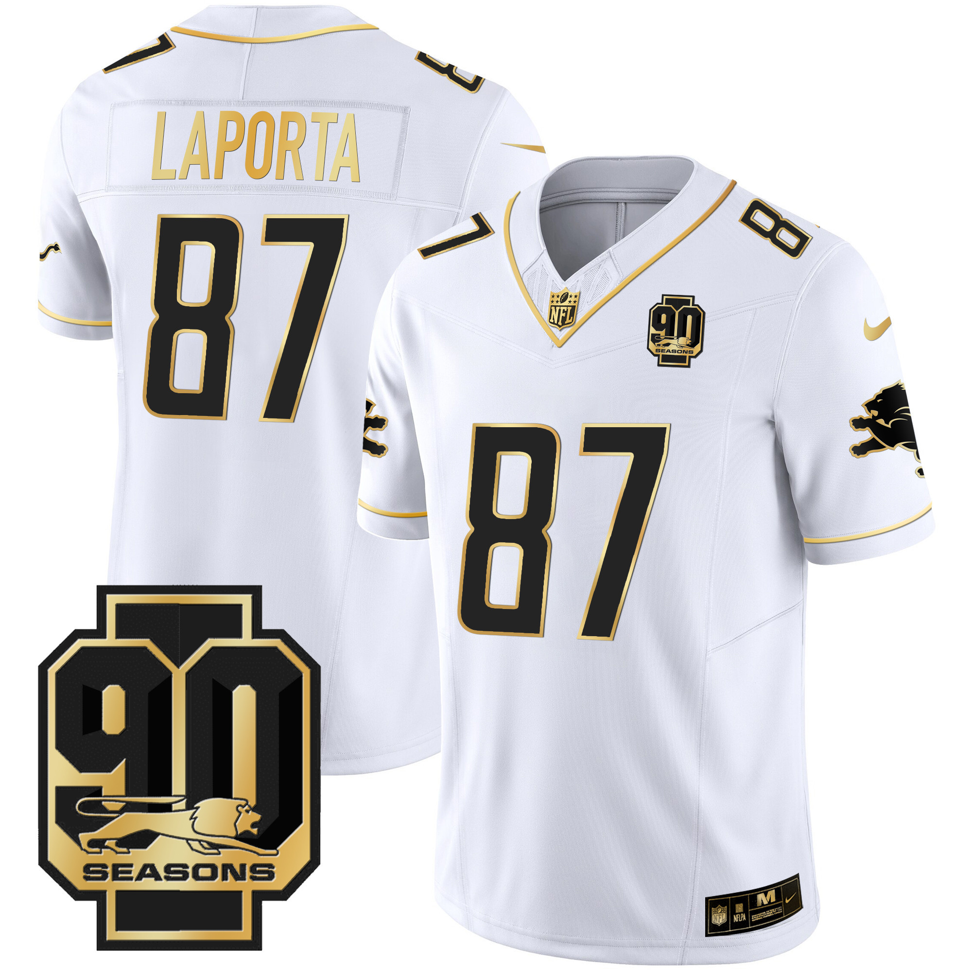 Sam Laporta Men's Detroit Lions 90th Year Patch Gold White Gold Jersey - All Stitched