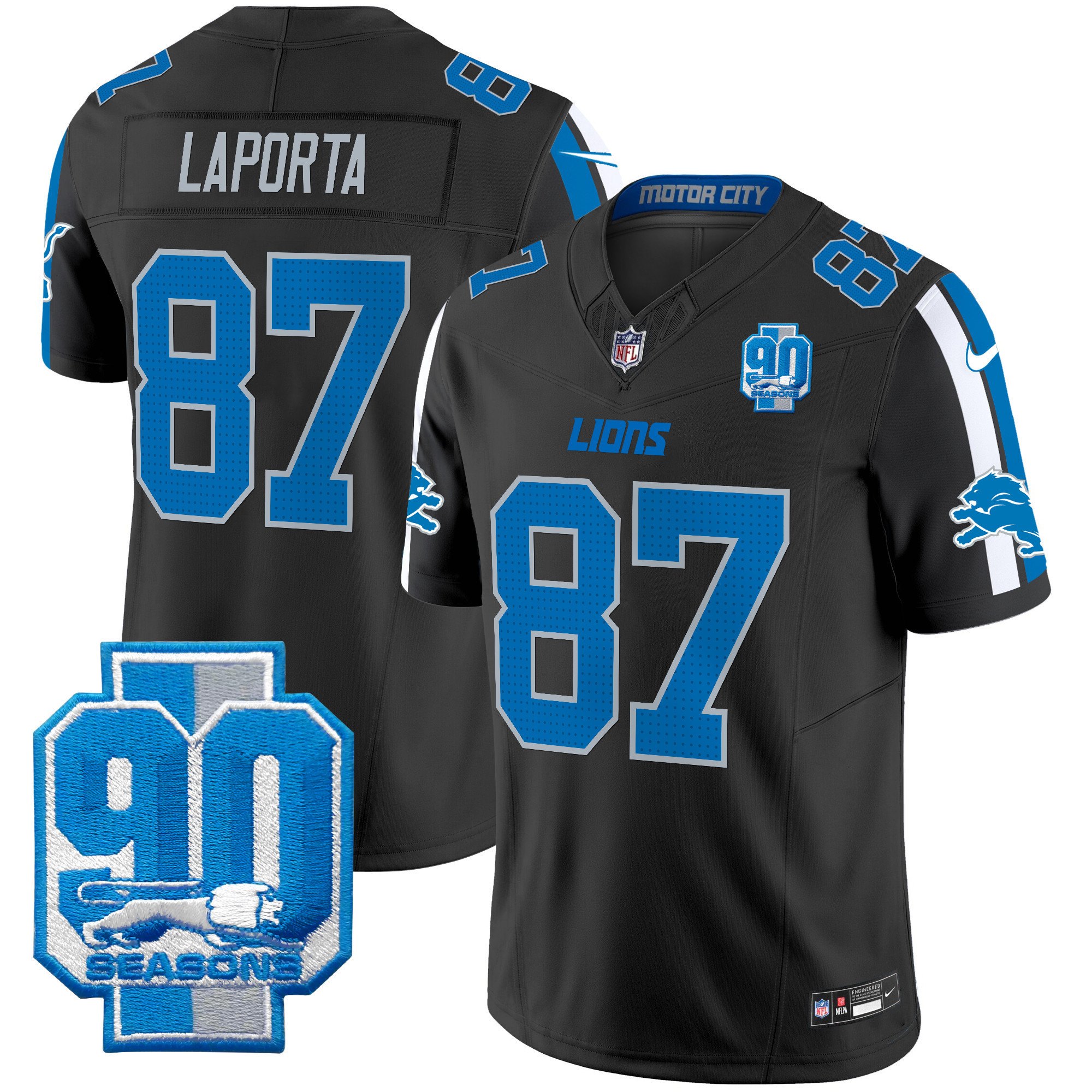Sam Laporta Men's Detroit Lions 90th Year Patch Vapor Limited Black Jersey - All Stitched