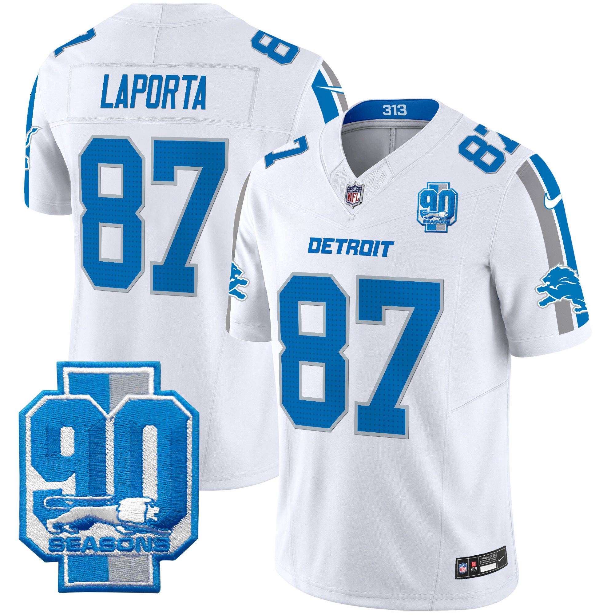 Sam Laporta Men's Detroit Lions 90th Year Patch Vapor Limited White Jersey - All Stitched